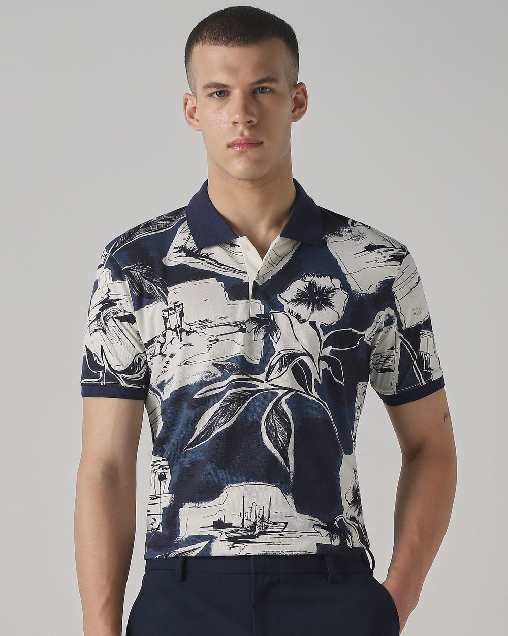 Navy Abstract Print Slim Fit T-Shirt