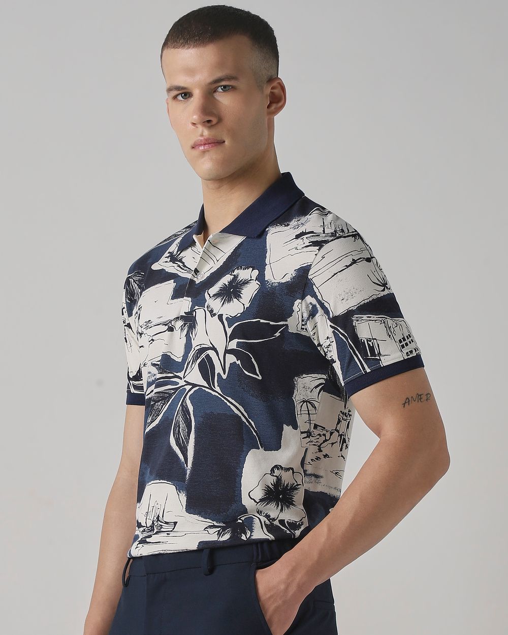 Navy Abstract Print Slim Fit T-Shirt