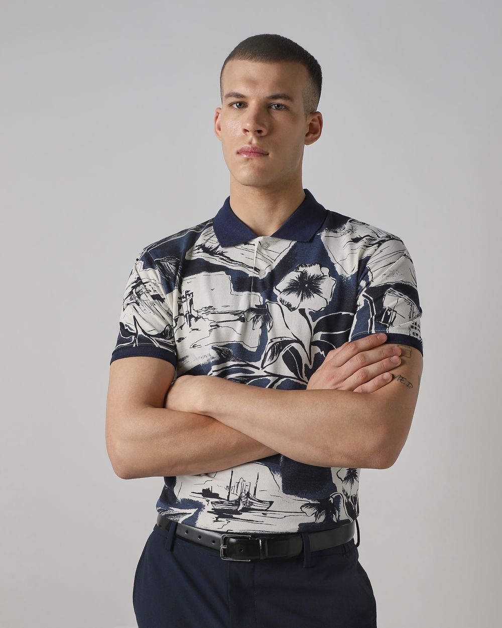 Navy Abstract Print Slim Fit T-Shirt