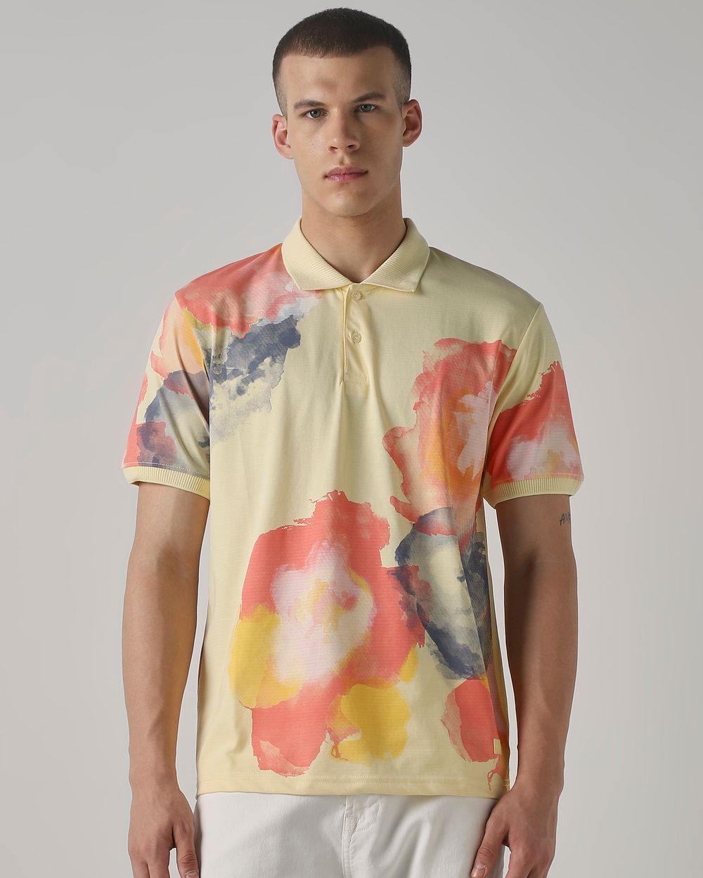 Light Yellow Floral Print Regular Fit T-Shirt