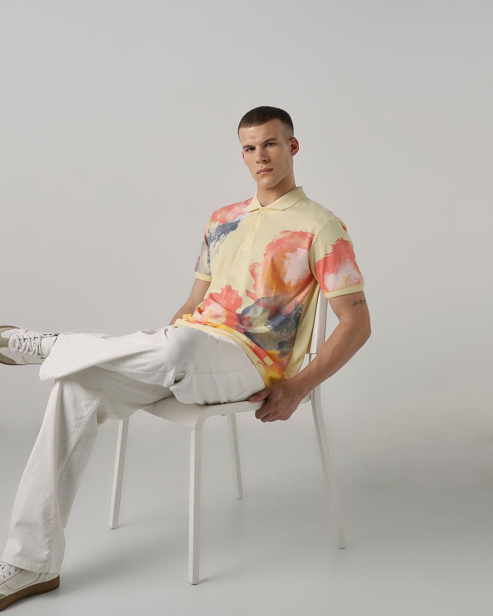 Light Yellow Floral Print Regular Fit T-Shirt