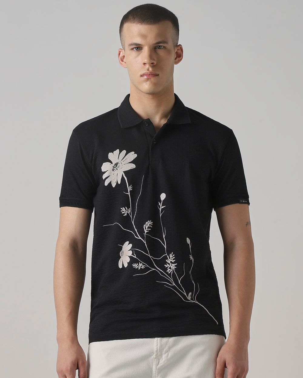 Black Textured Print Slim Fit T-Shirt