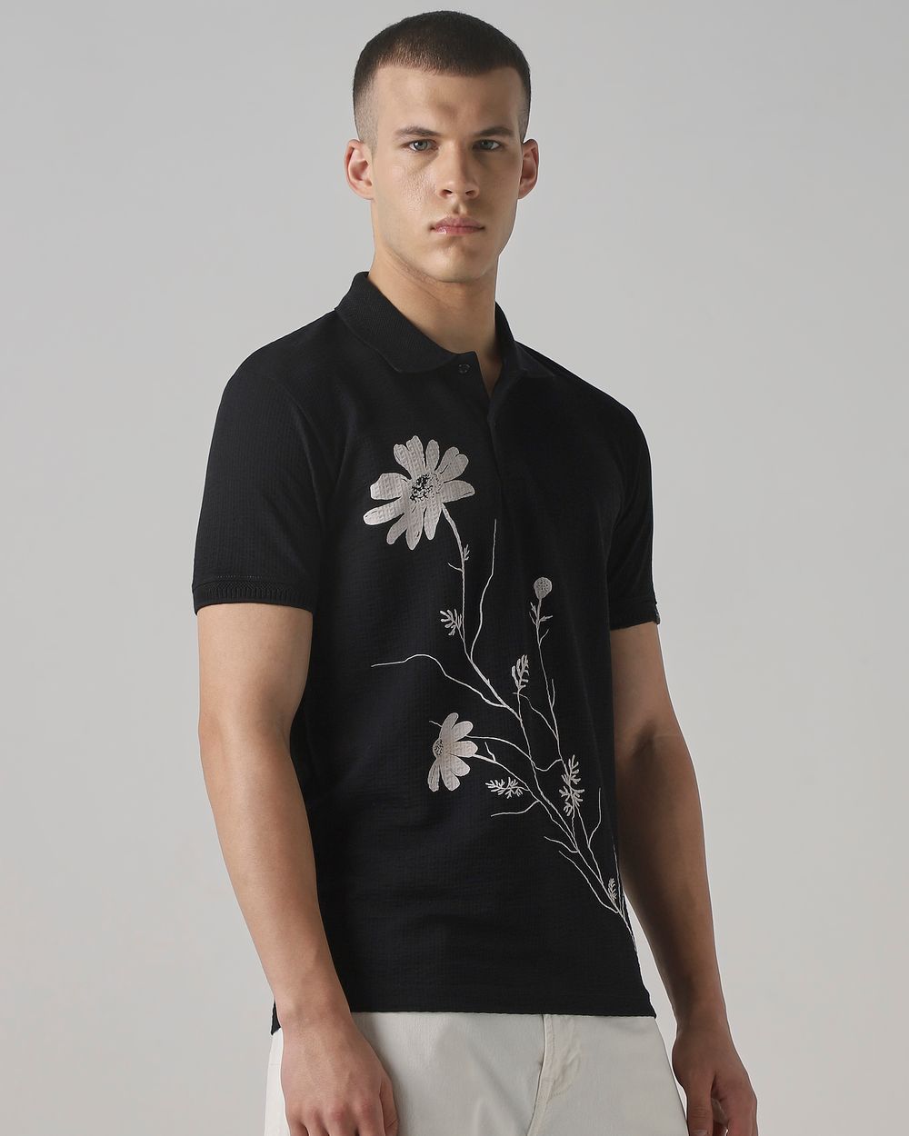 Black Textured Print Slim Fit T-Shirt