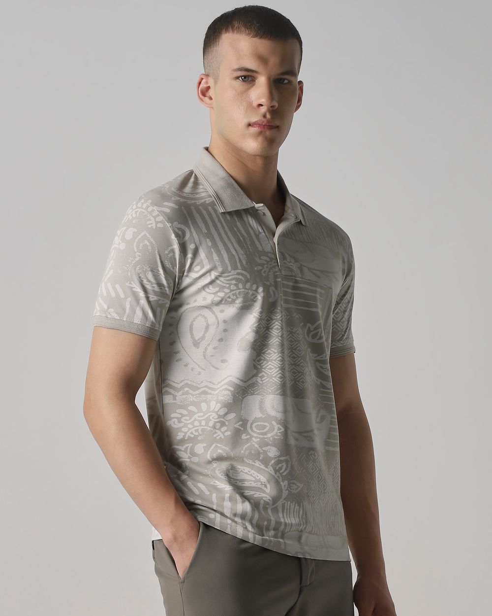 Grey Abstract Print Slim Fit T-Shirt