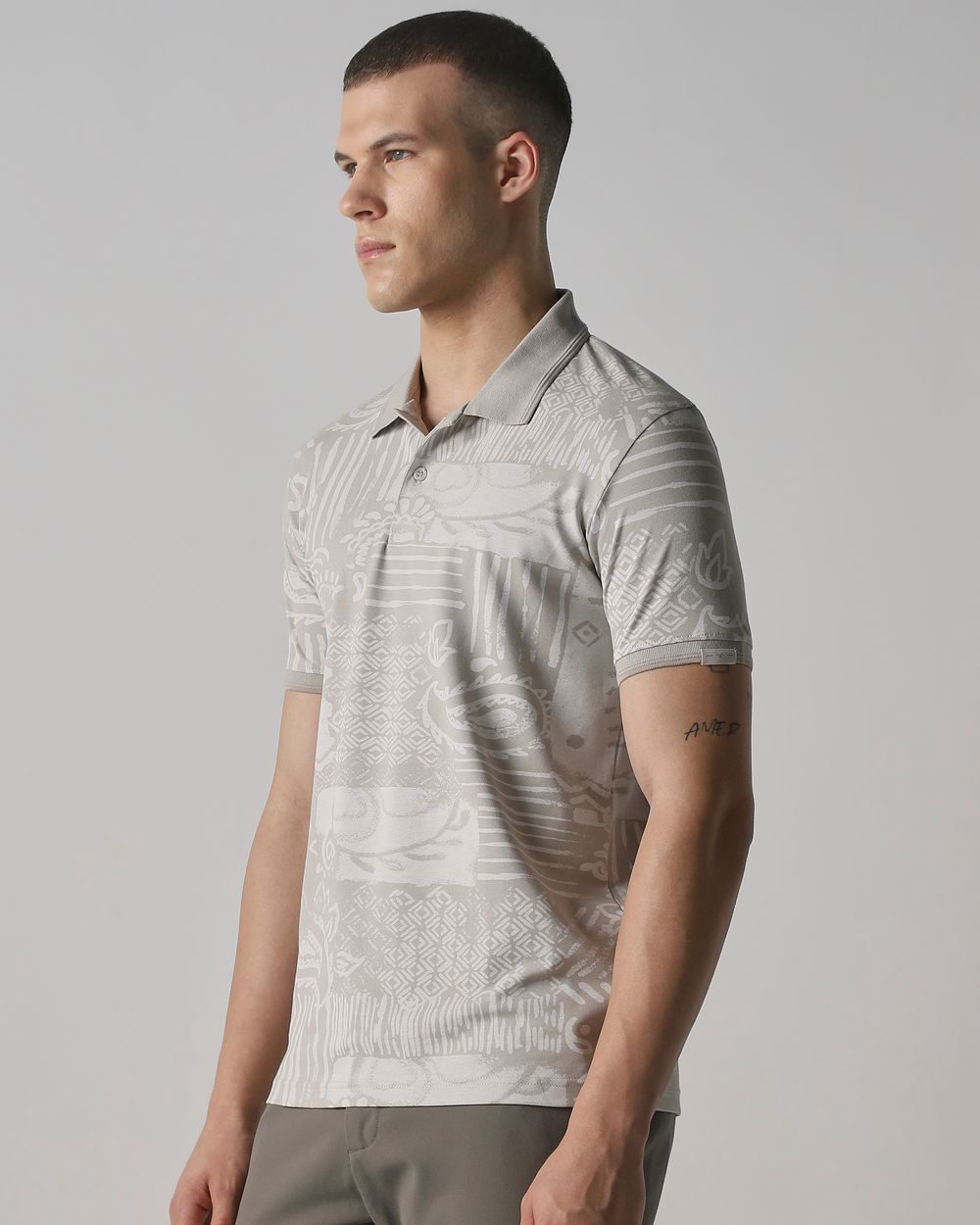 Grey Abstract Print Slim Fit T-Shirt