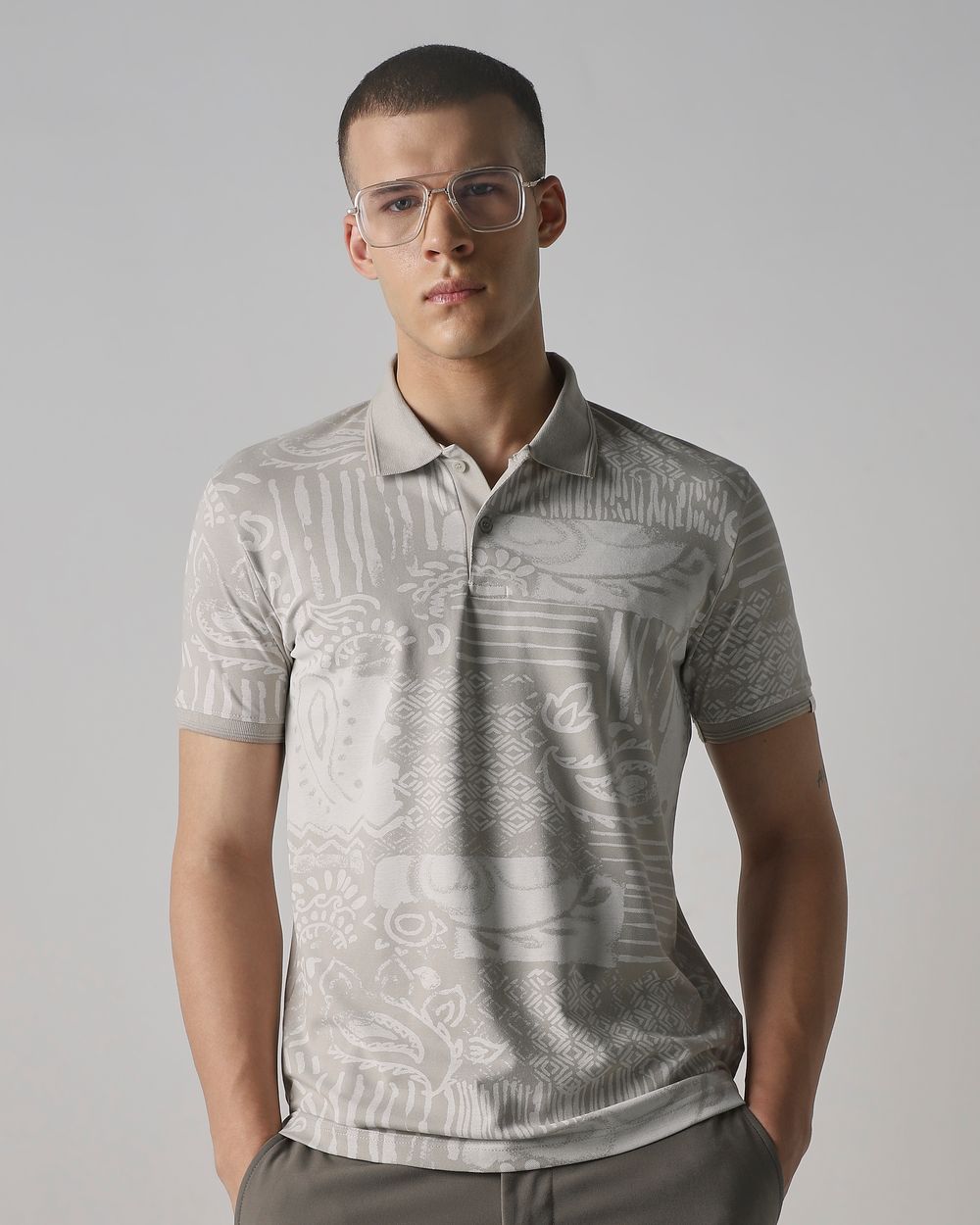 Grey Abstract Print Slim Fit T-Shirt