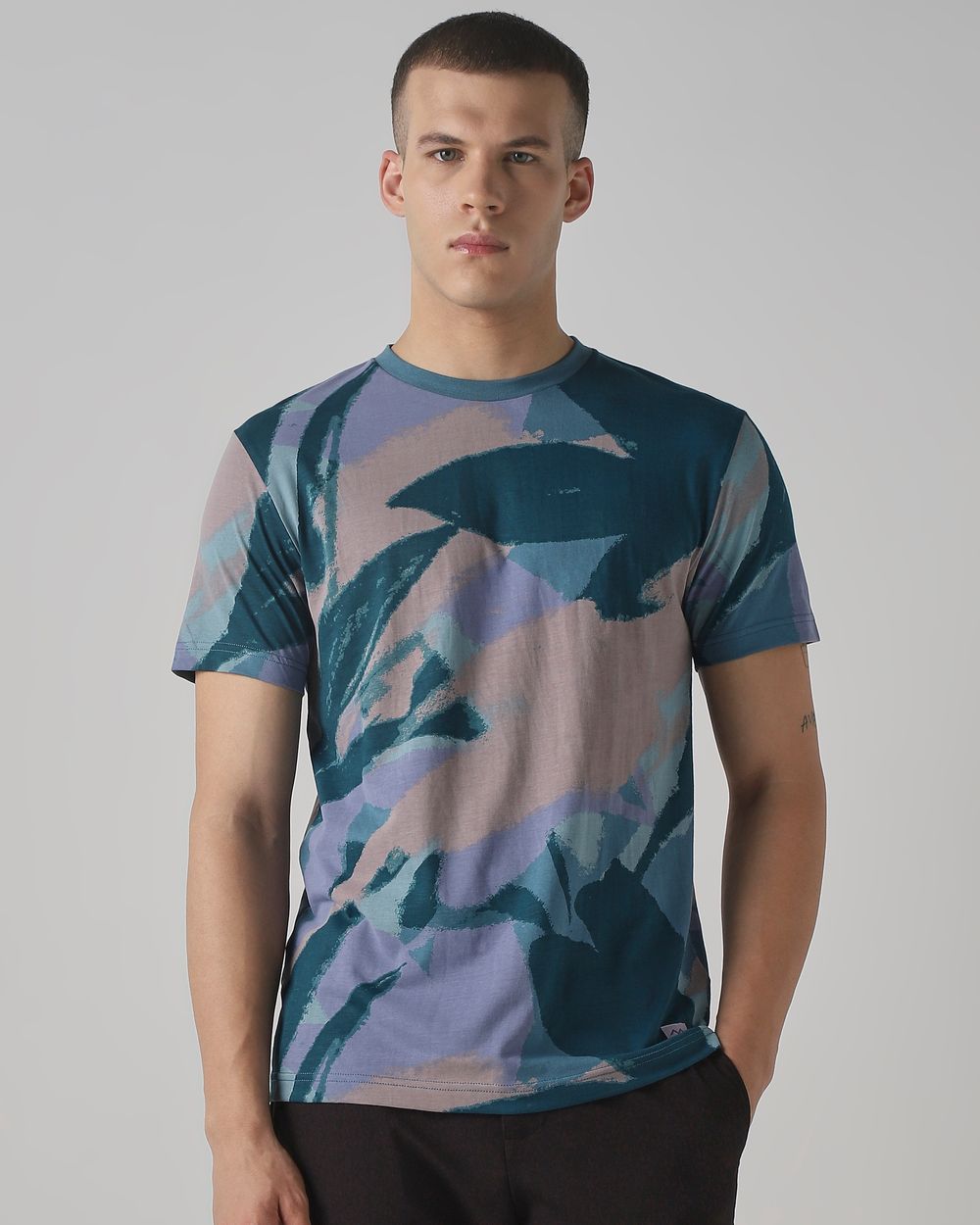 Teal Abstract Print Slim Fit T-Shirt