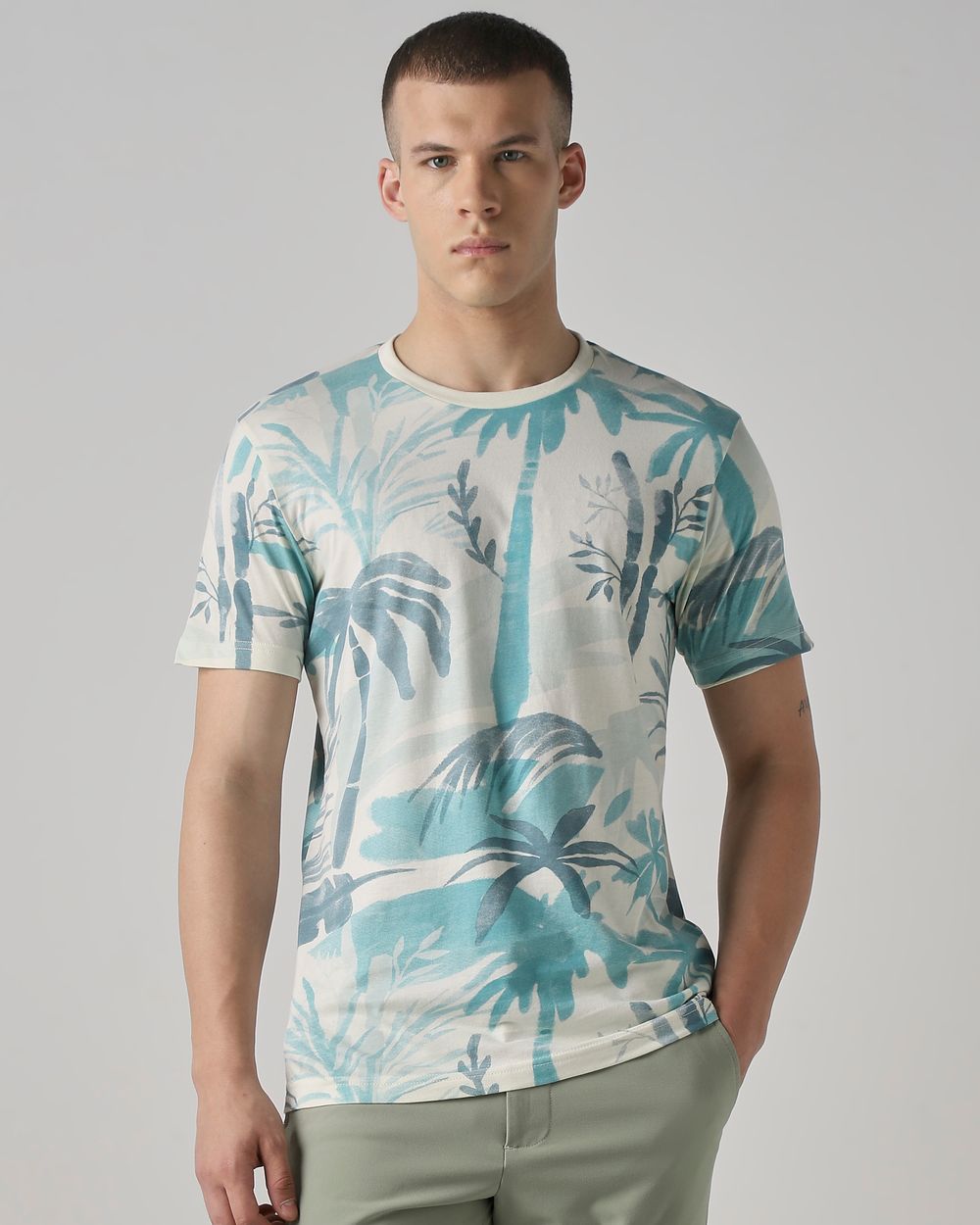 Teal Printed Slim Fit T-Shirt