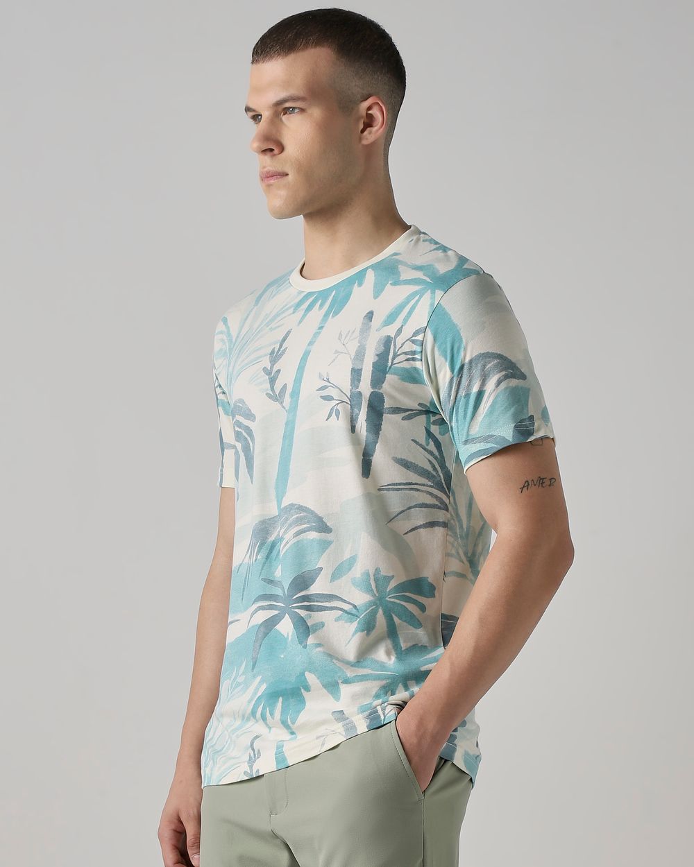 Teal Printed Slim Fit T-Shirt