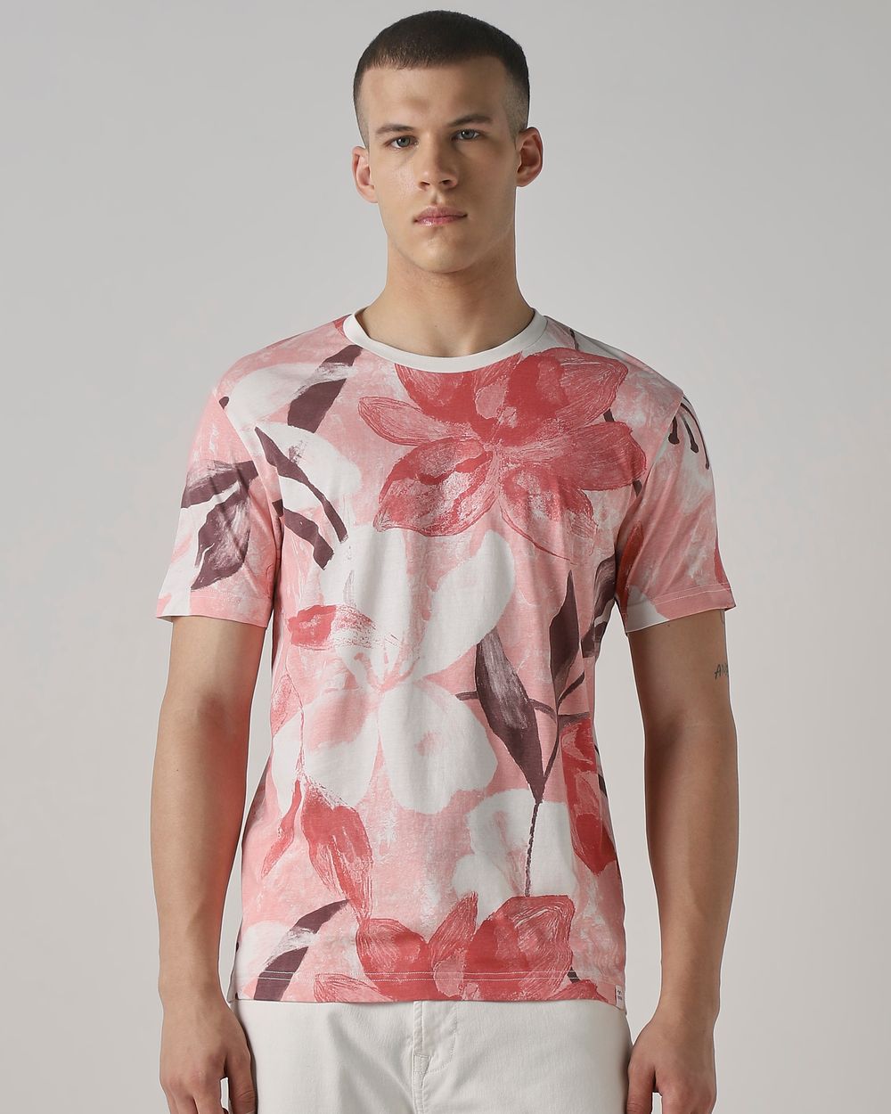 Pink Floral Print Slim Fit T-Shirt
