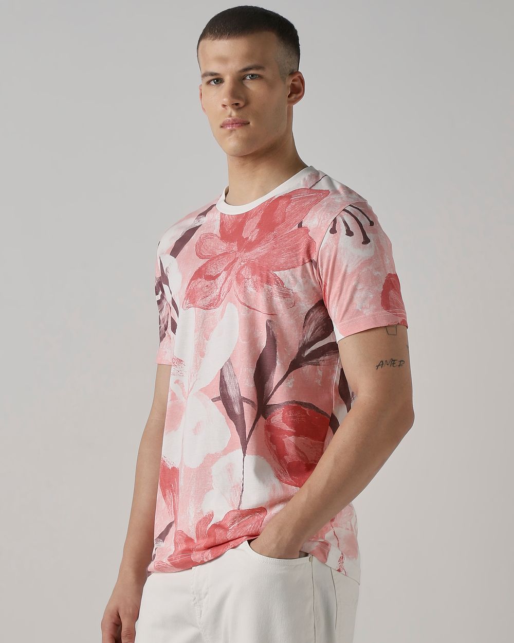 Pink Floral Print Slim Fit T-Shirt