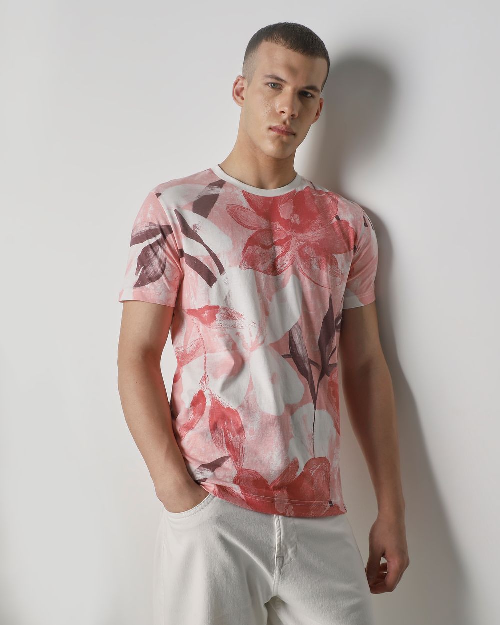 Pink Floral Print Slim Fit T-Shirt