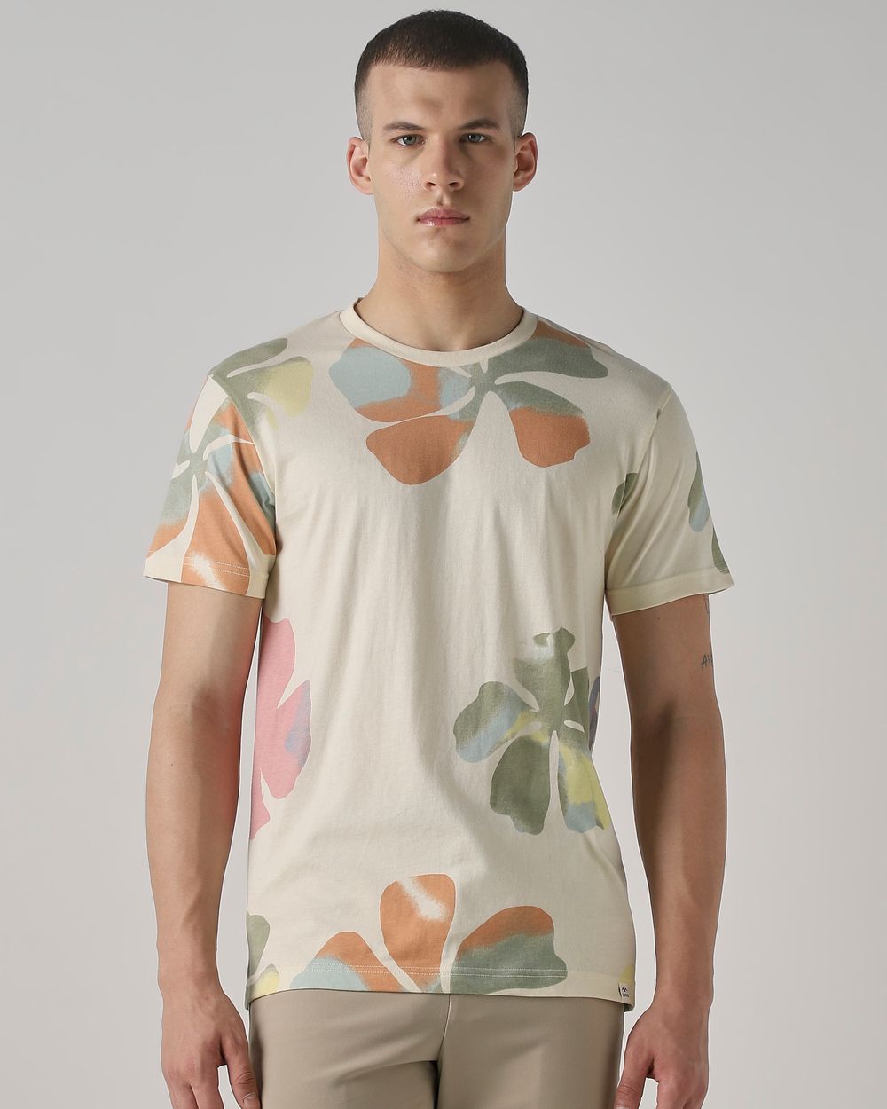 Off White Floral Print Slim Fit T-Shirt