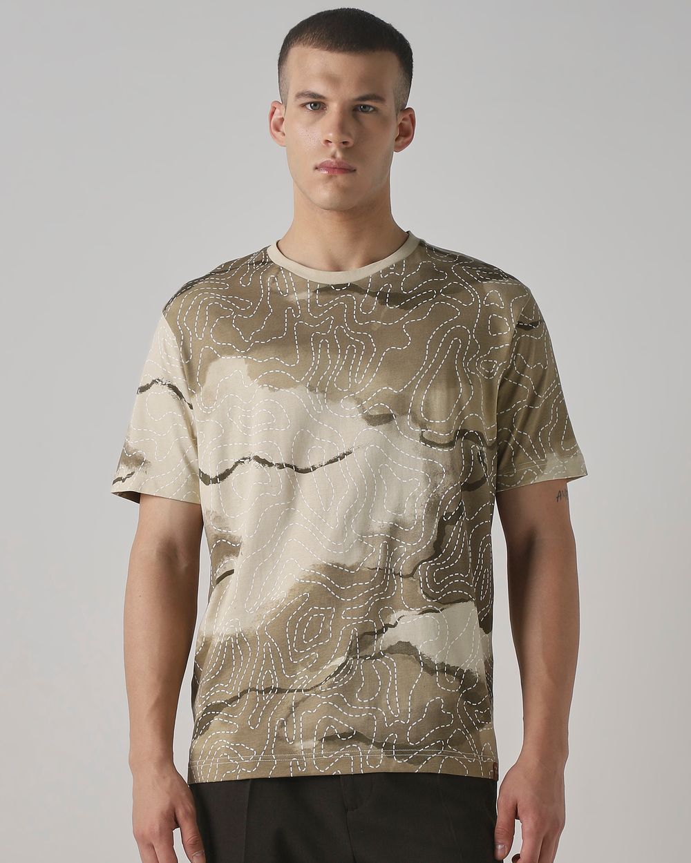 Beige Abstract Print Regular Fit T-Shirt