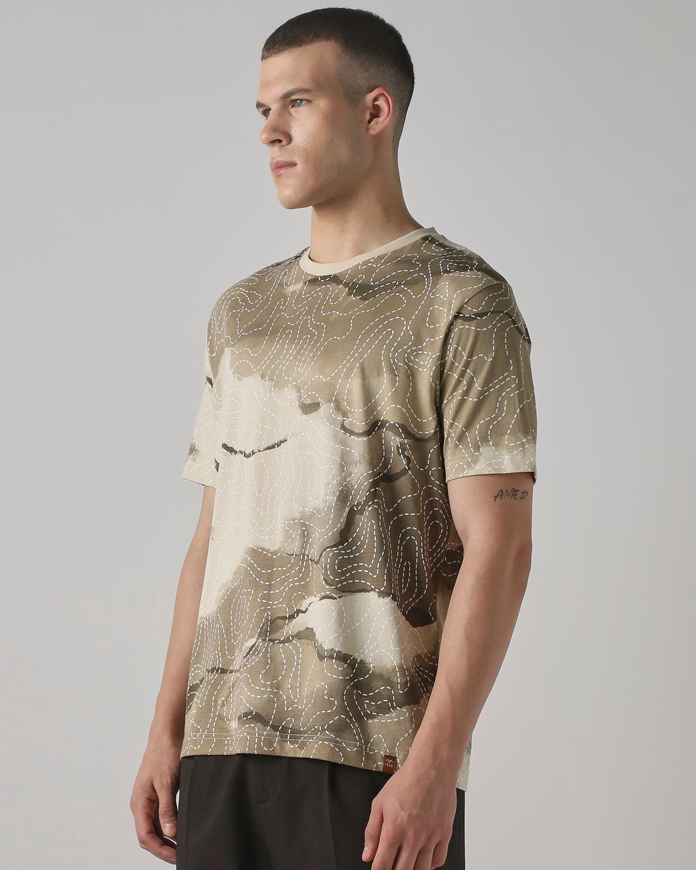 Beige Abstract Print Regular Fit T-Shirt