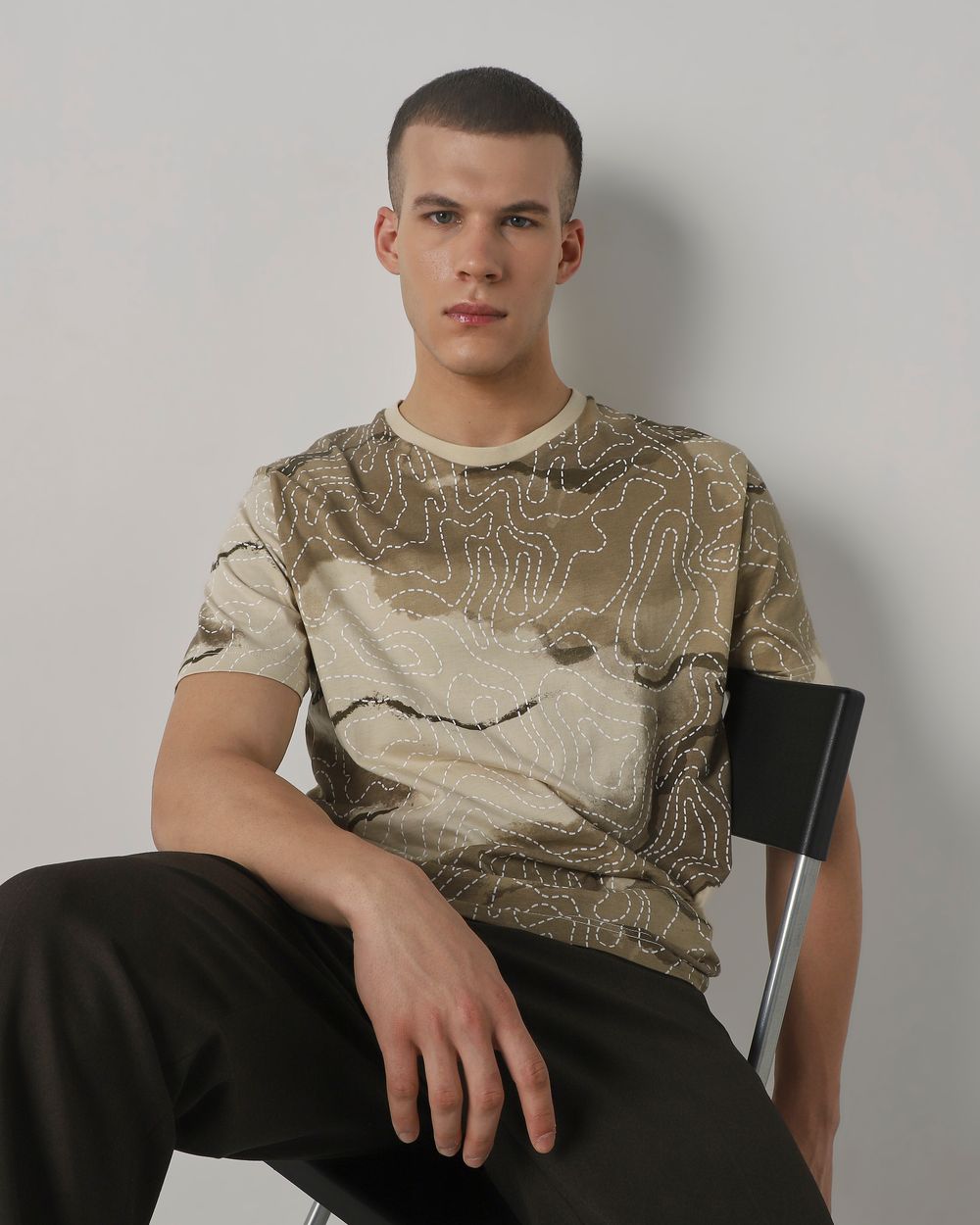 Beige Abstract Print Regular Fit T-Shirt
