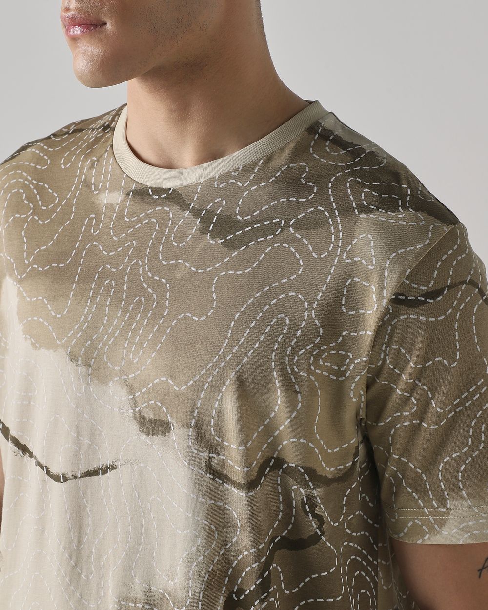 Beige Abstract Print Regular Fit T-Shirt