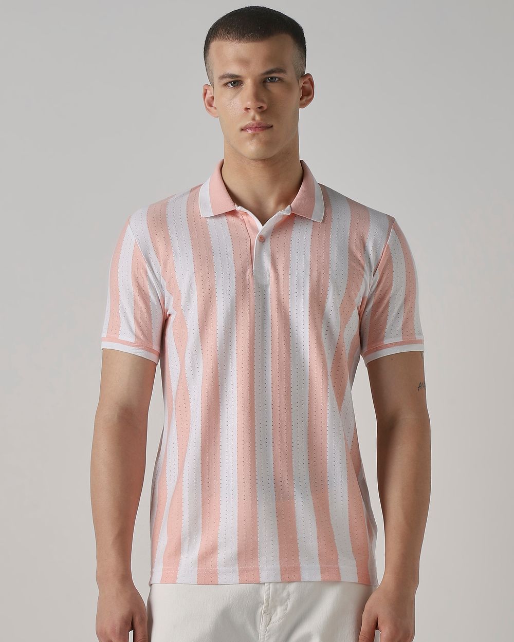 Peach Textured Stripe Slim Fit T-Shirt