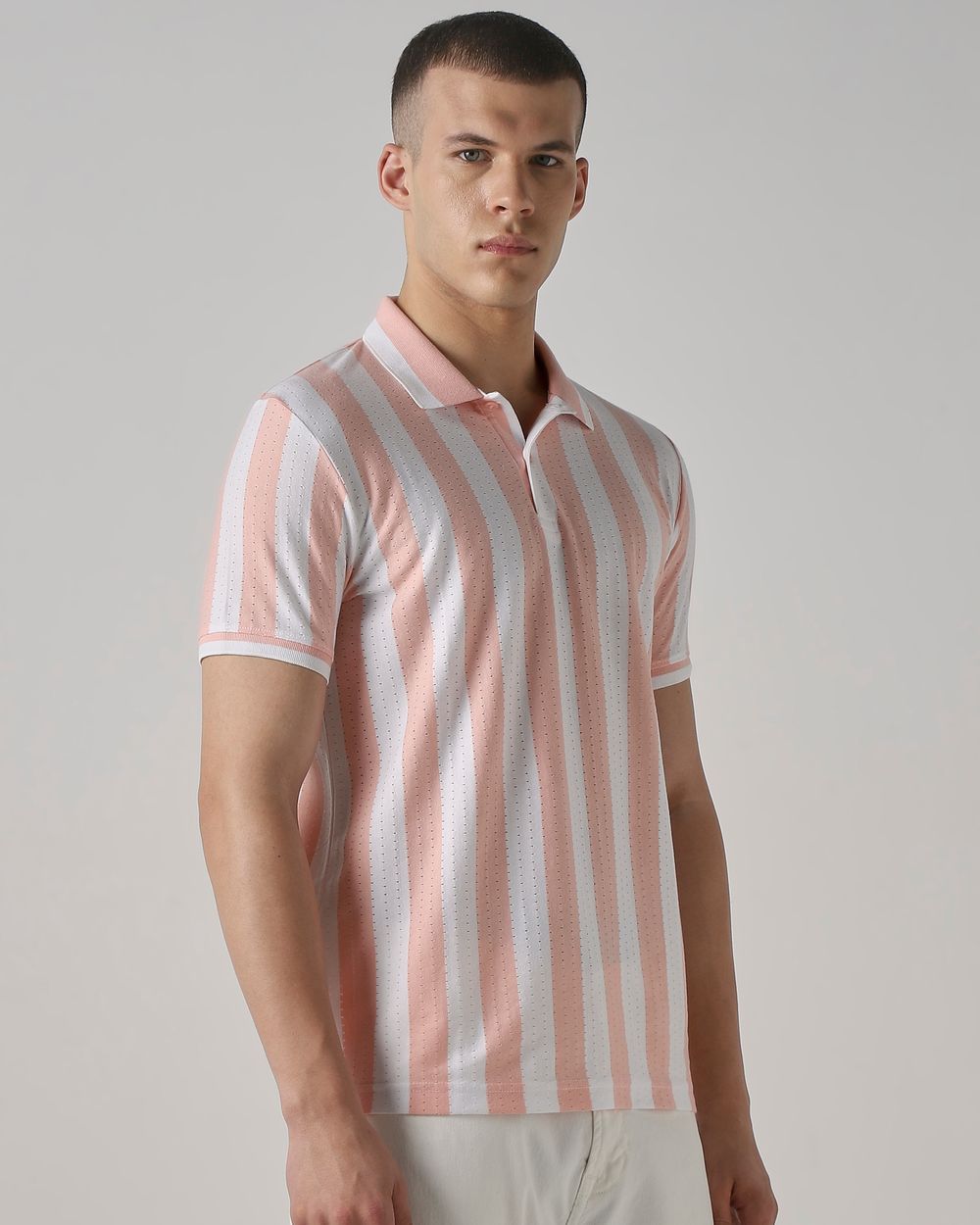 Peach Textured Stripe Slim Fit T-Shirt