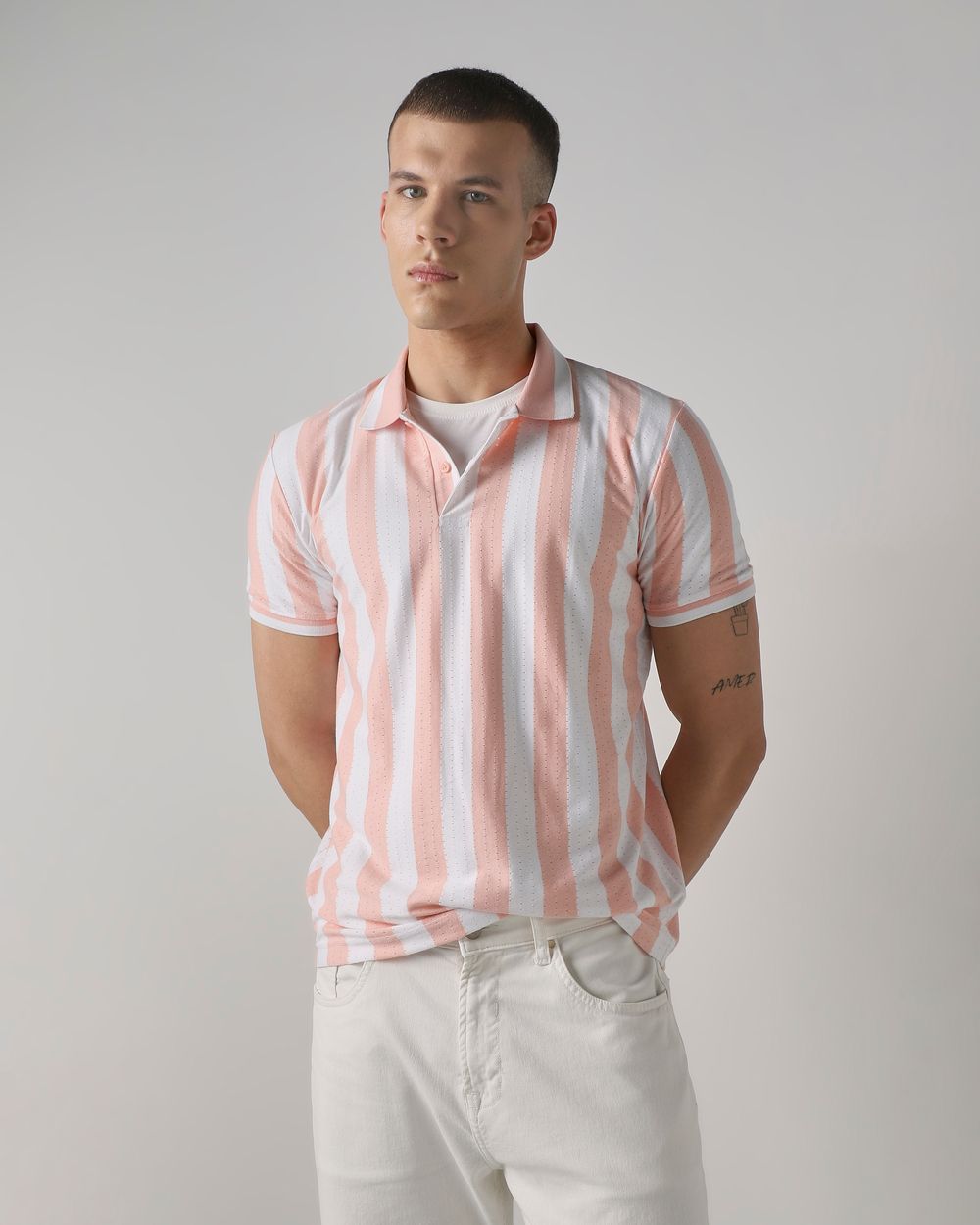 Peach Textured Stripe Slim Fit T-Shirt