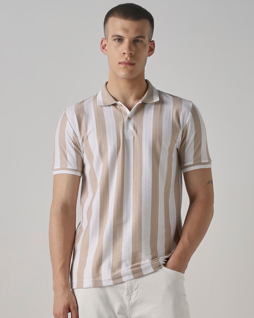 Beige Textured Stripe Slim Fit T-Shirt