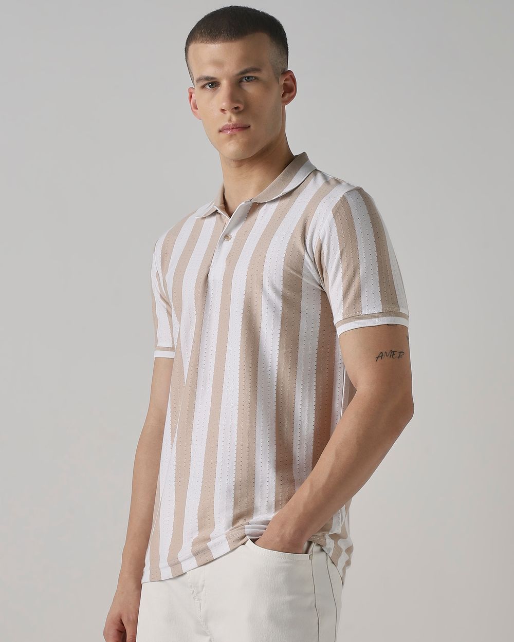 Beige Textured Stripe Slim Fit T-Shirt
