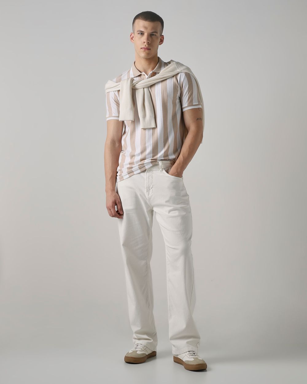Beige Textured Stripe Slim Fit T-Shirt