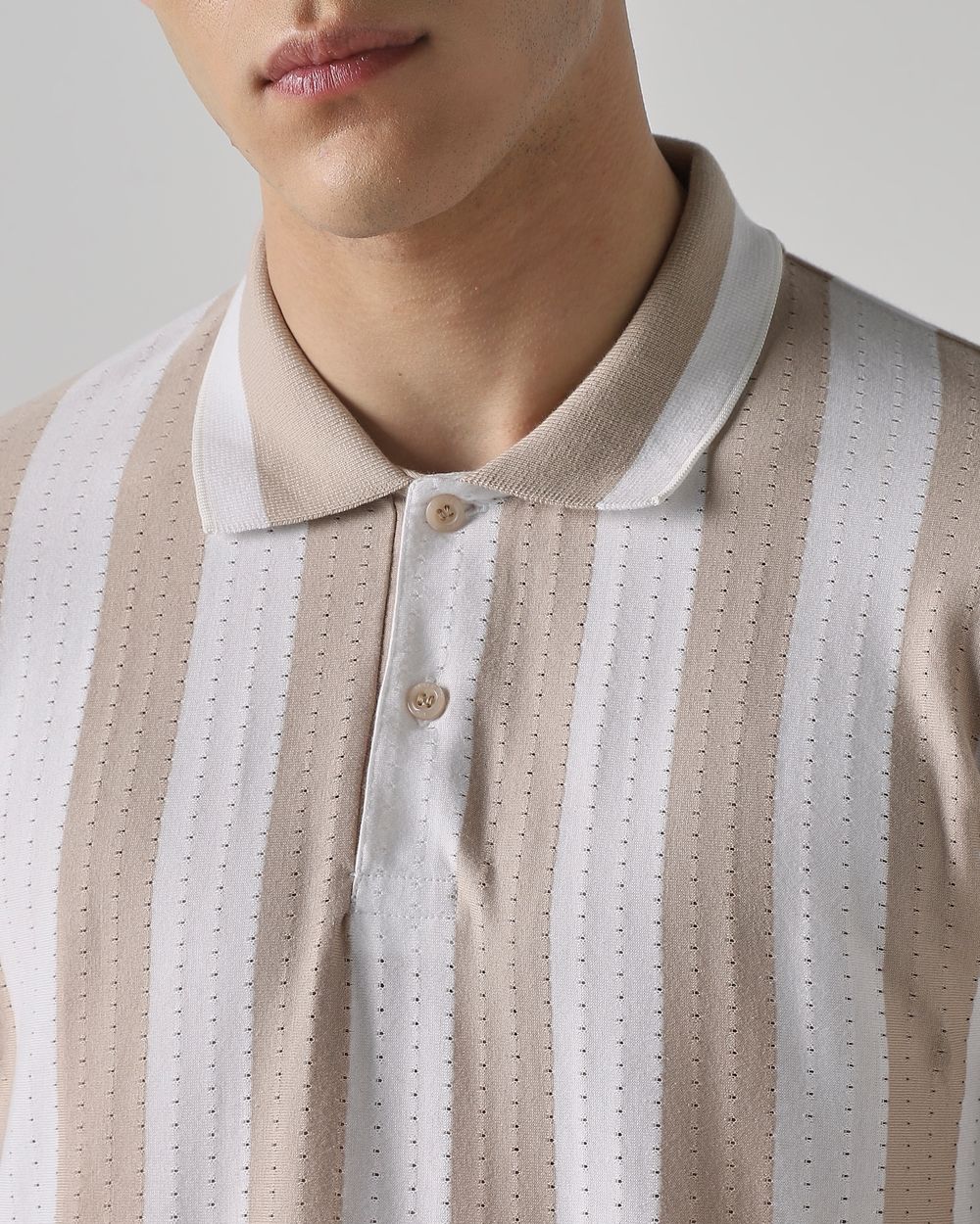 Beige Textured Stripe Slim Fit T-Shirt