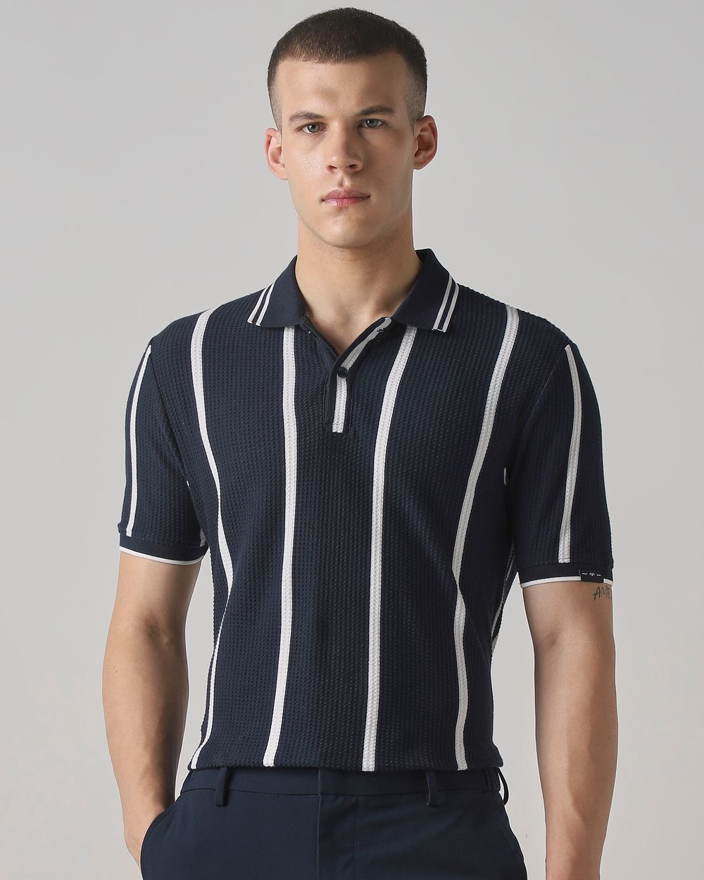Navy Textured Stripe Slim Fit T-Shirt