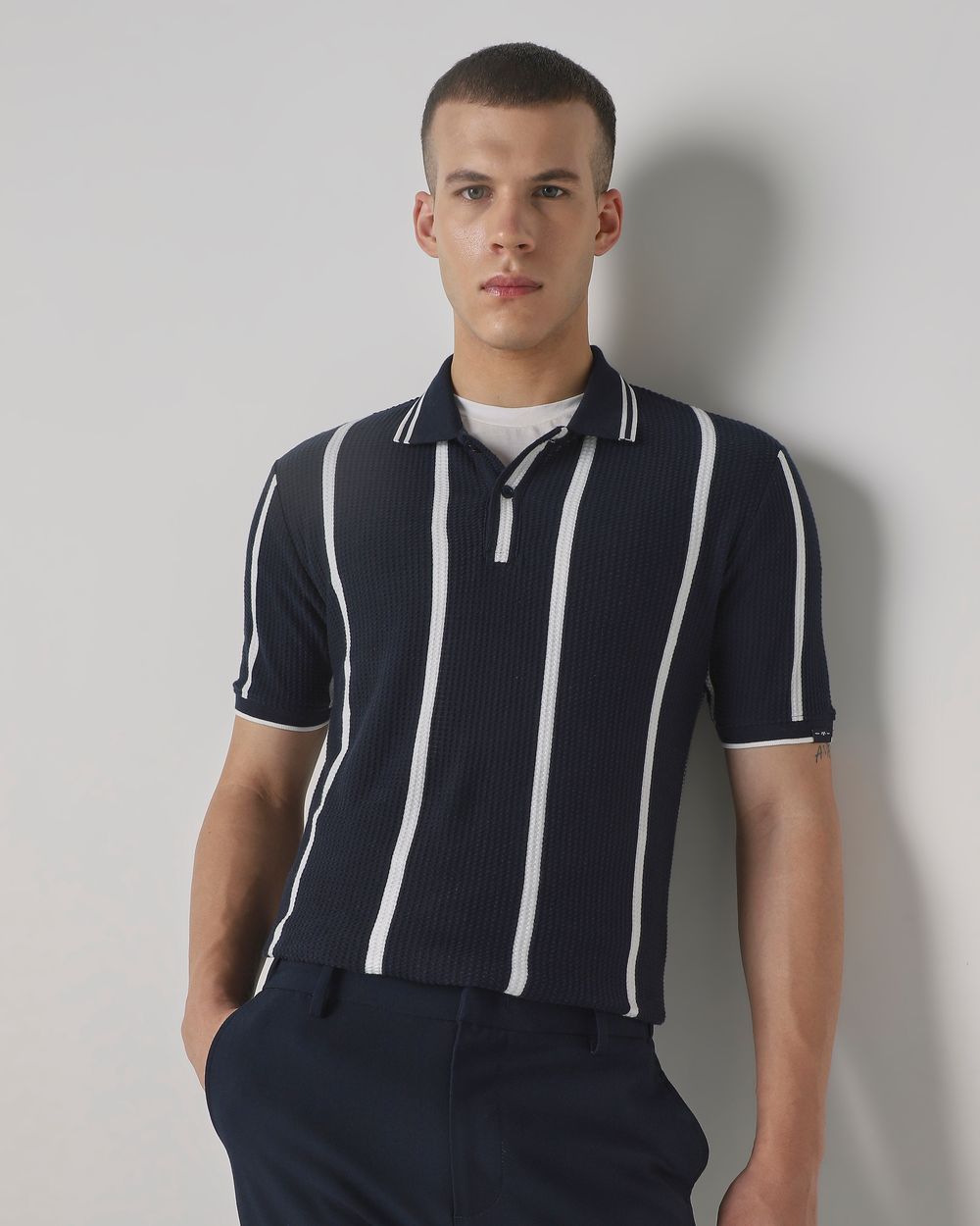 Navy Textured Stripe Slim Fit T-Shirt