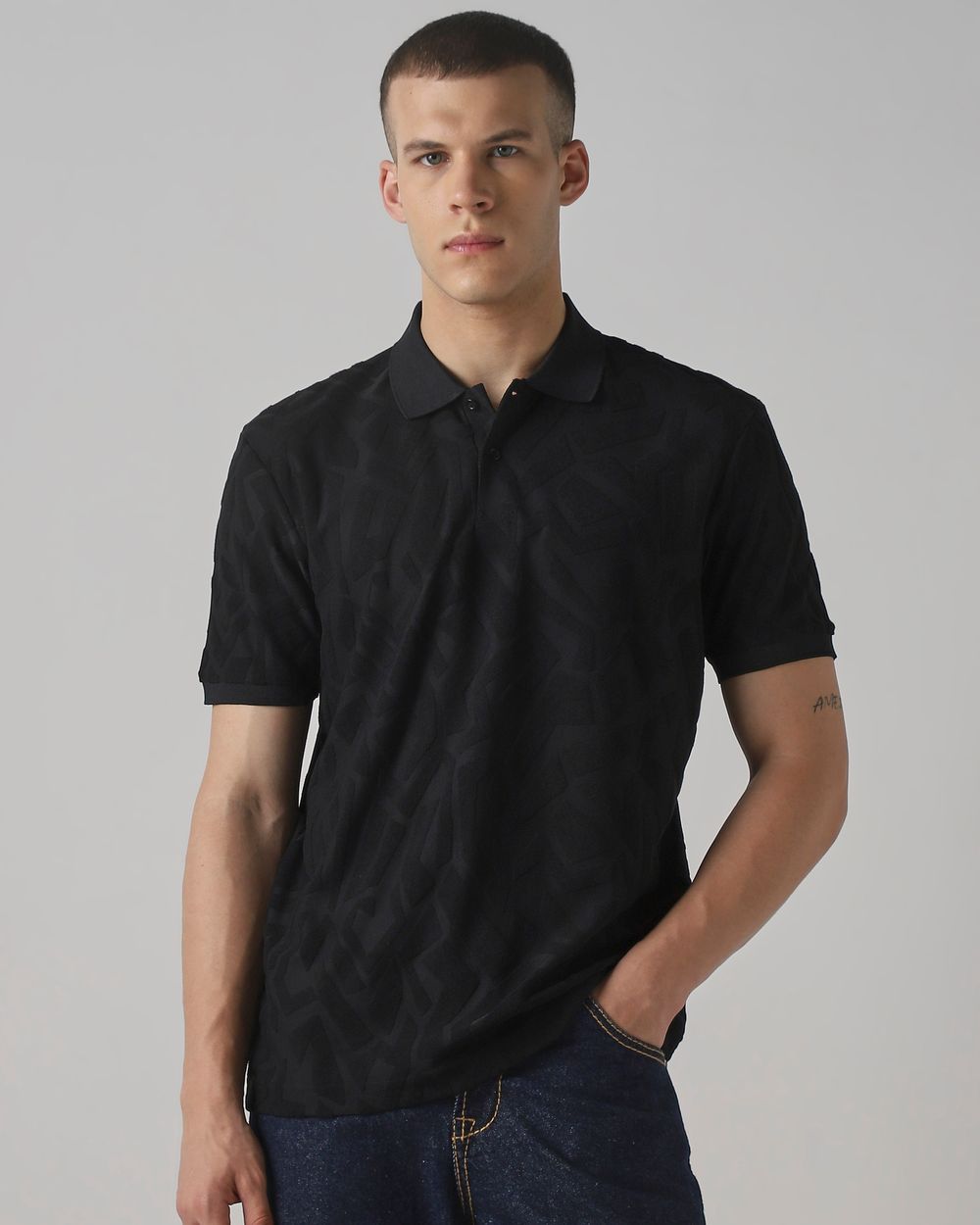 Black Textured Plain Slim Fit Polo