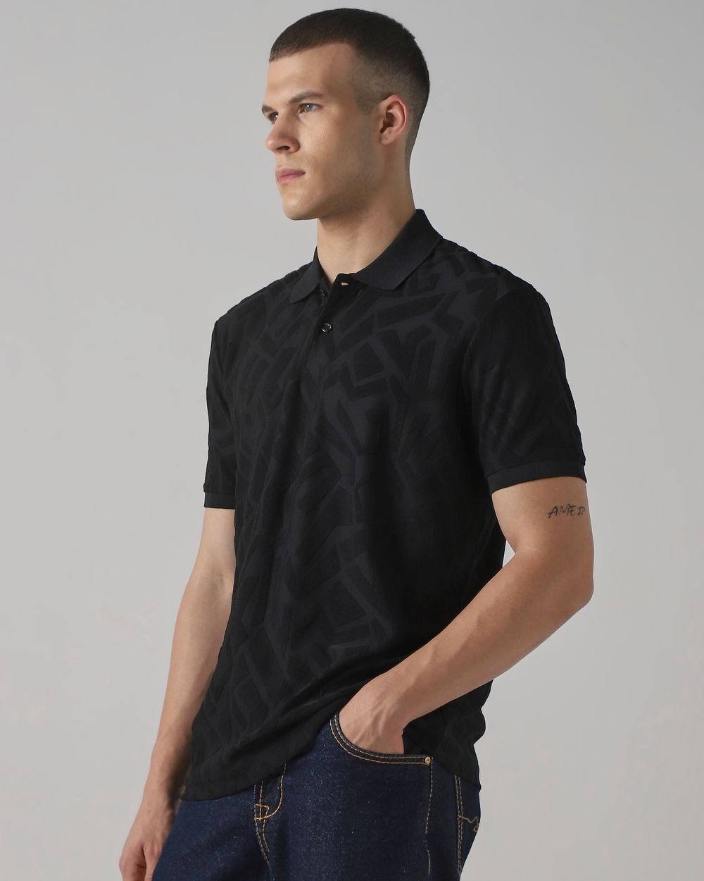 Black Textured Plain Slim Fit Polo