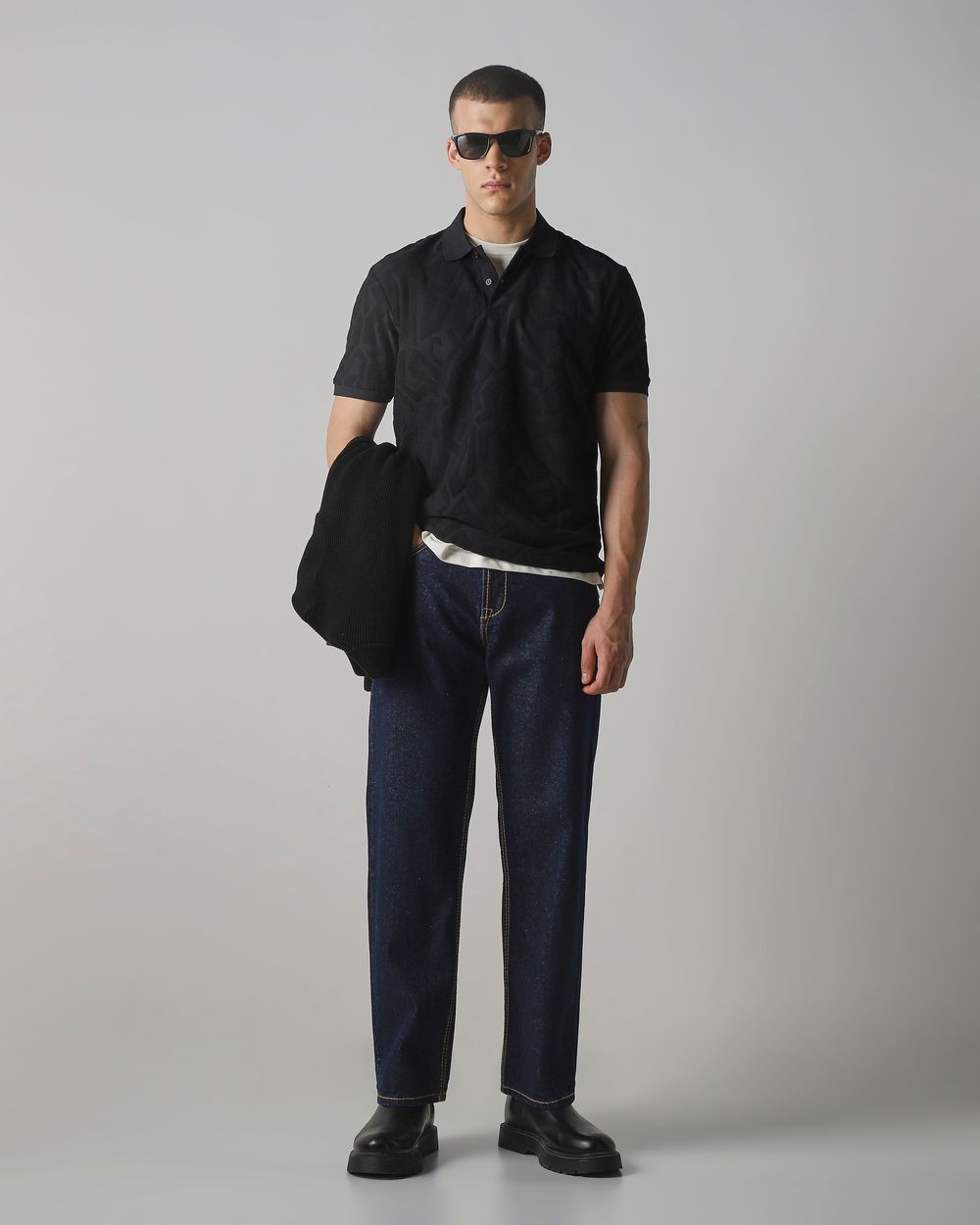 Black Textured Plain Slim Fit Polo