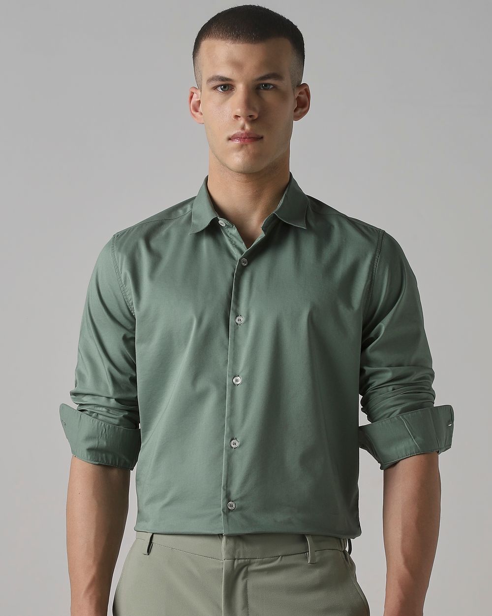 Light Green Stretch Plain Slim Fit Casual Shirt