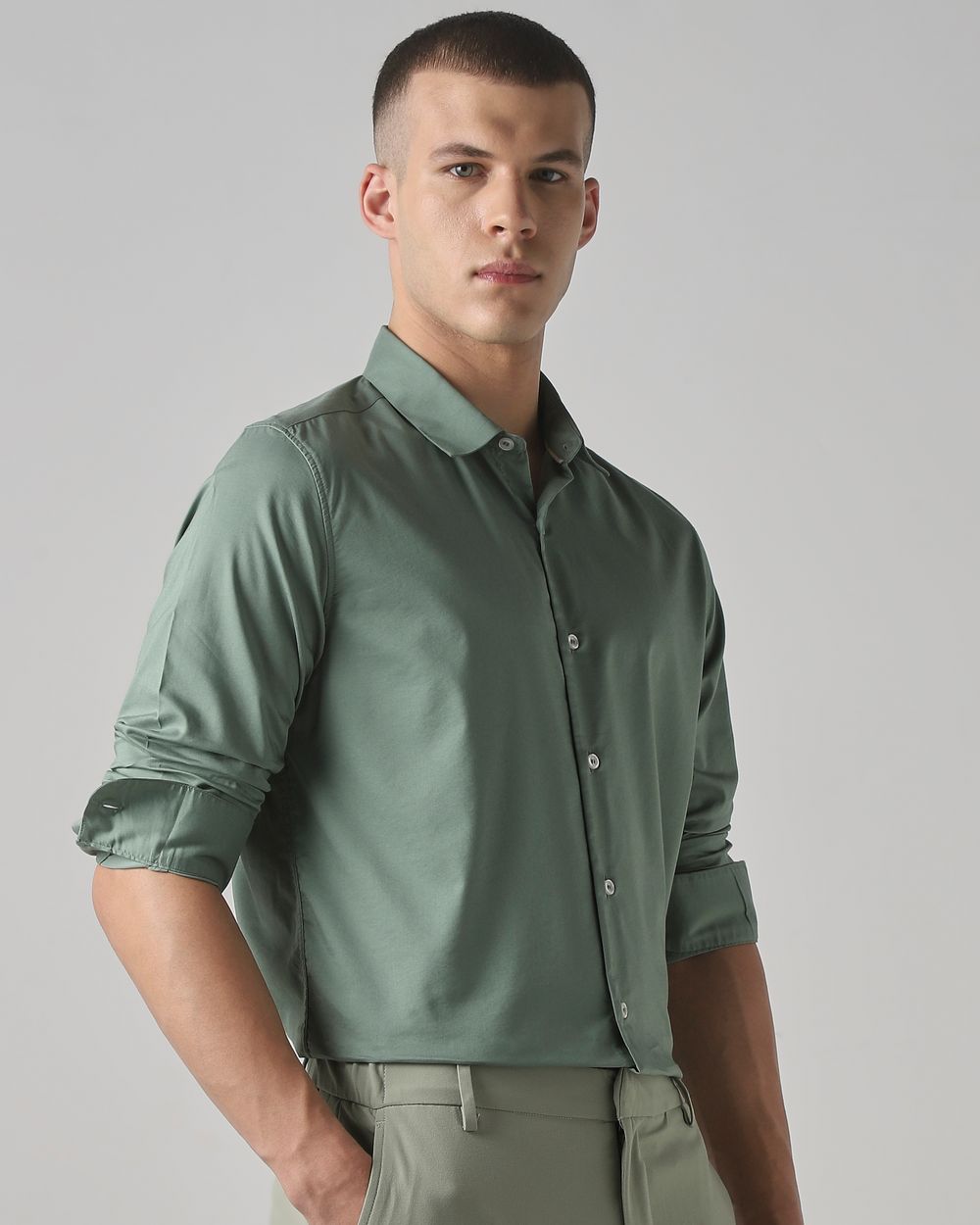 Light Green Stretch Plain Slim Fit Casual Shirt
