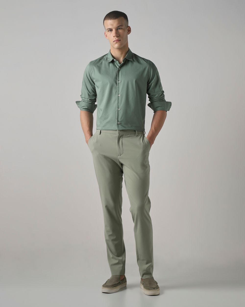 Light Green Stretch Plain Slim Fit Casual Shirt