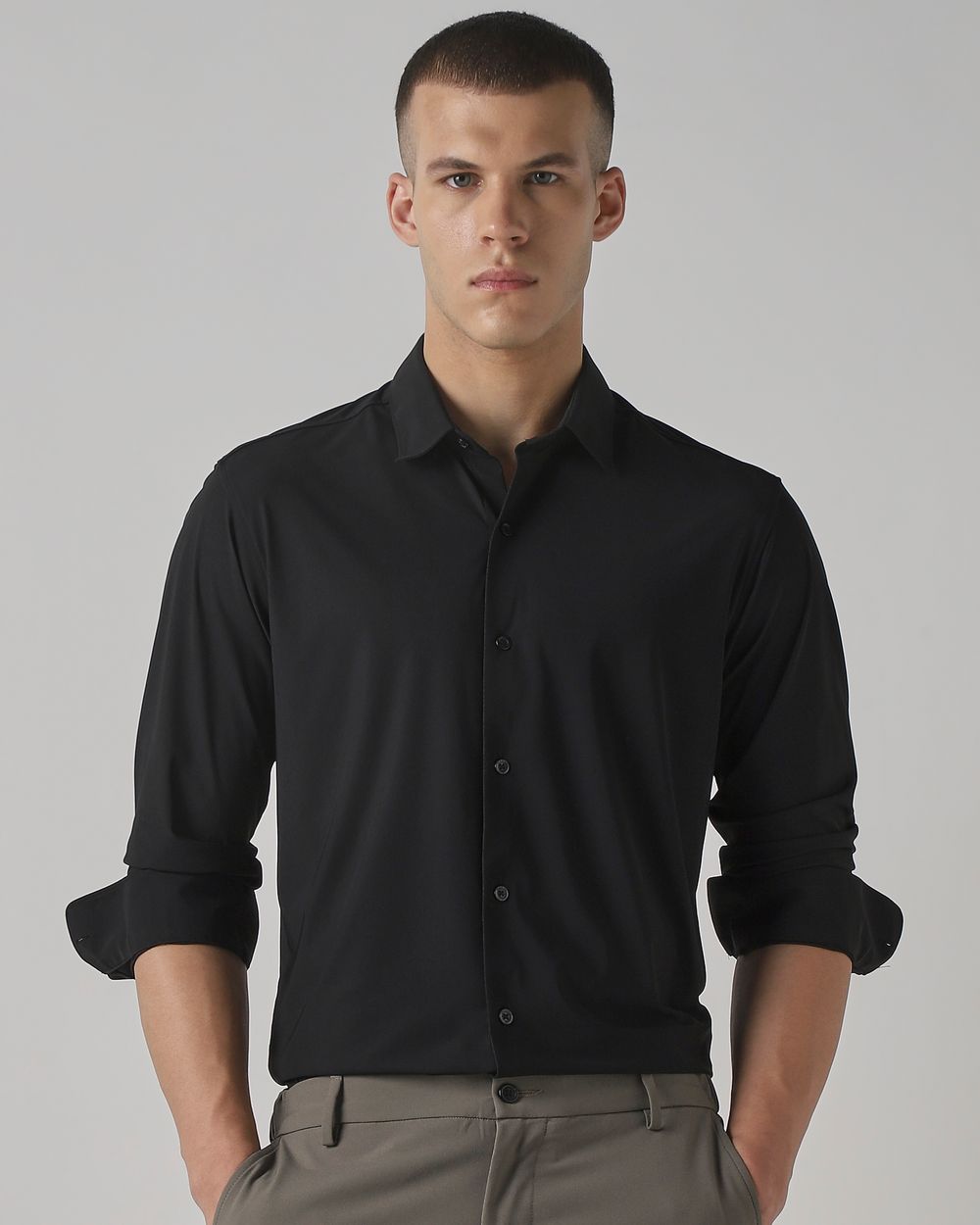 Black Stretch Plain Slim Fit Casual Shirt