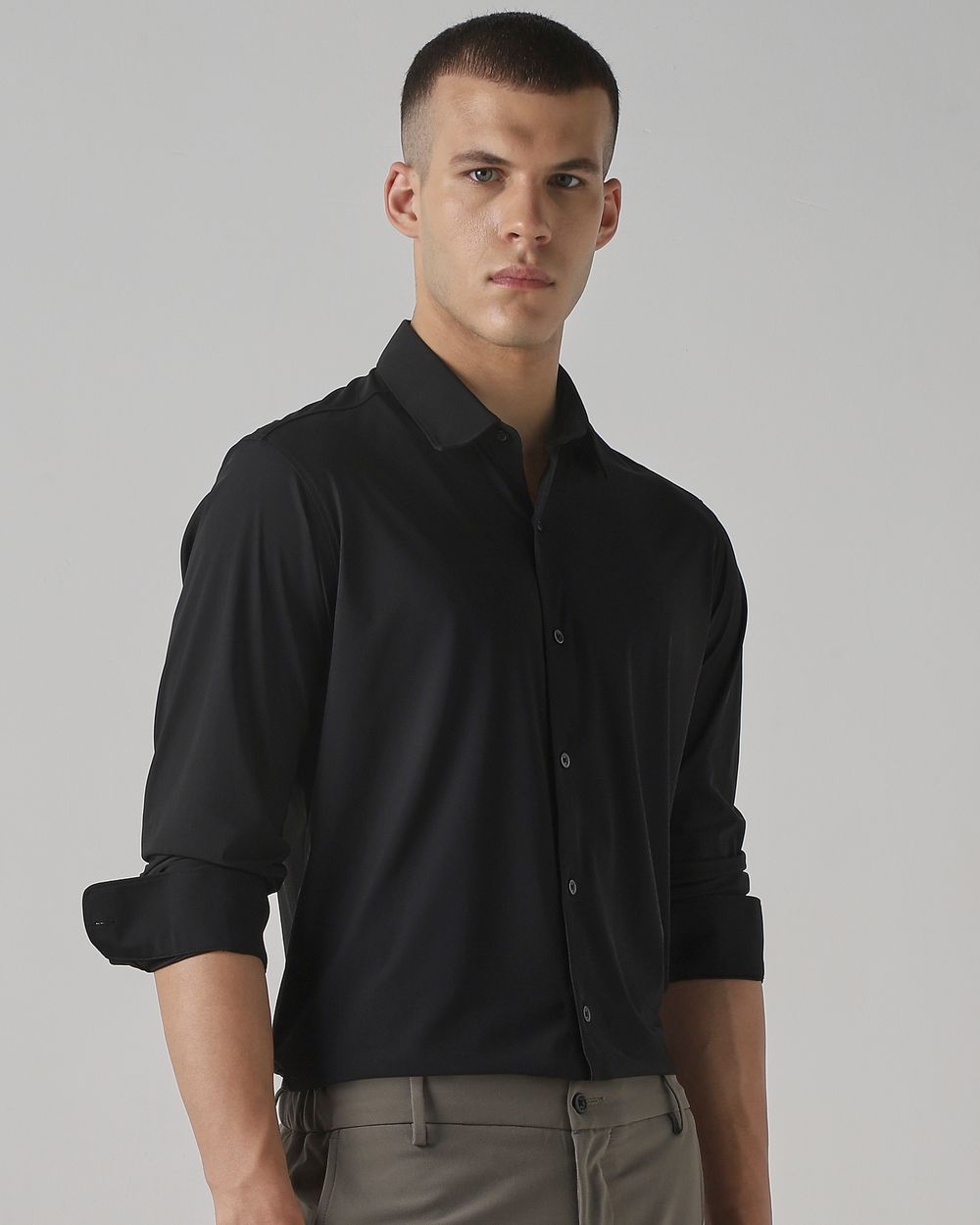Black Stretch Plain Slim Fit Casual Shirt