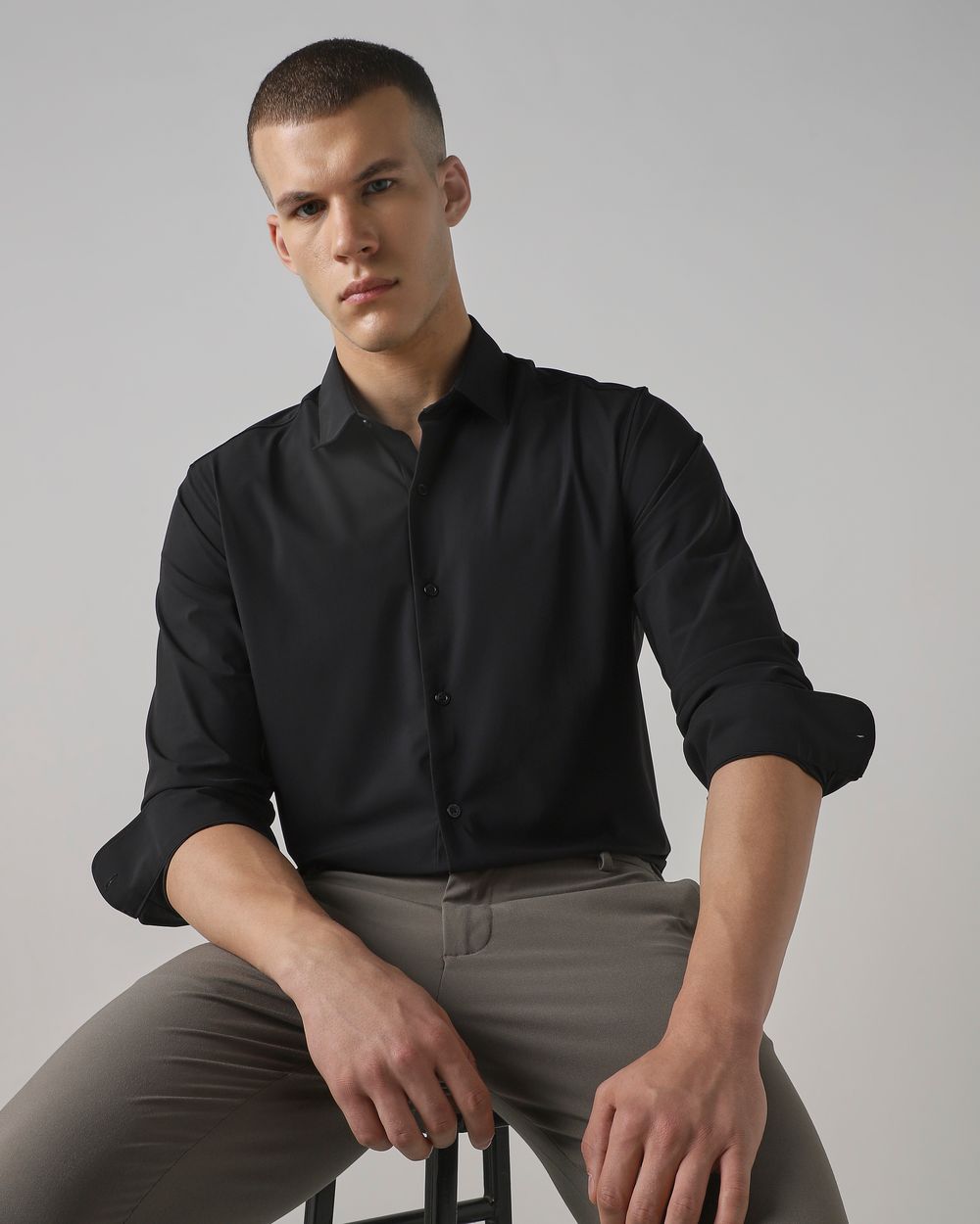 Black Stretch Plain Slim Fit Casual Shirt