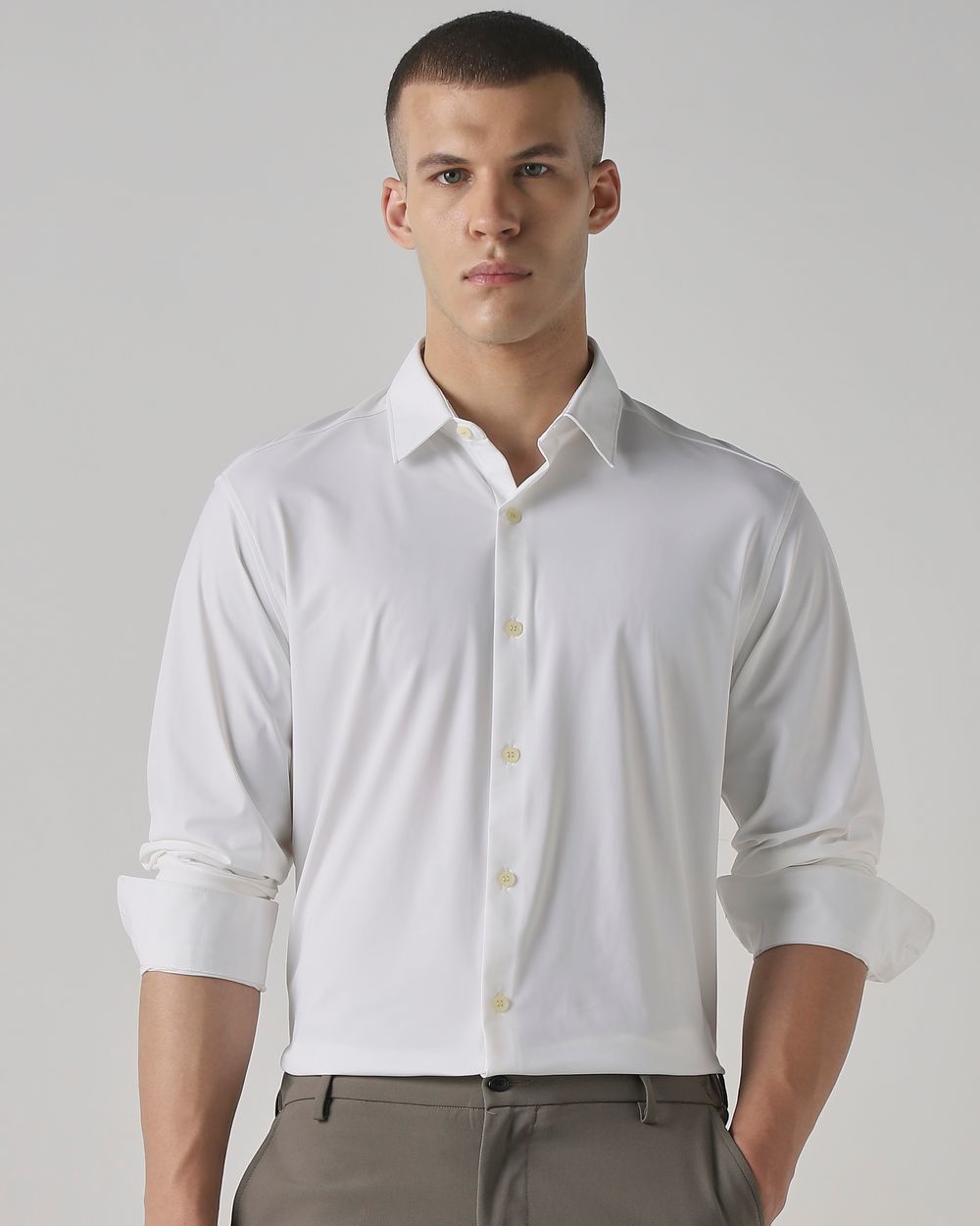 White Stretch Plain Slim Fit Casual Shirt