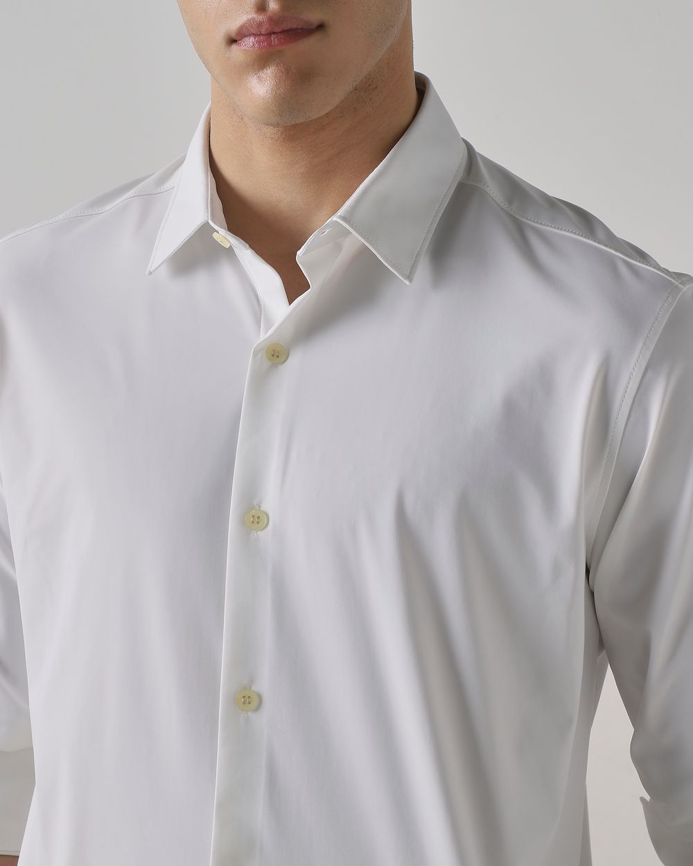 White Stretch Plain Slim Fit Casual Shirt