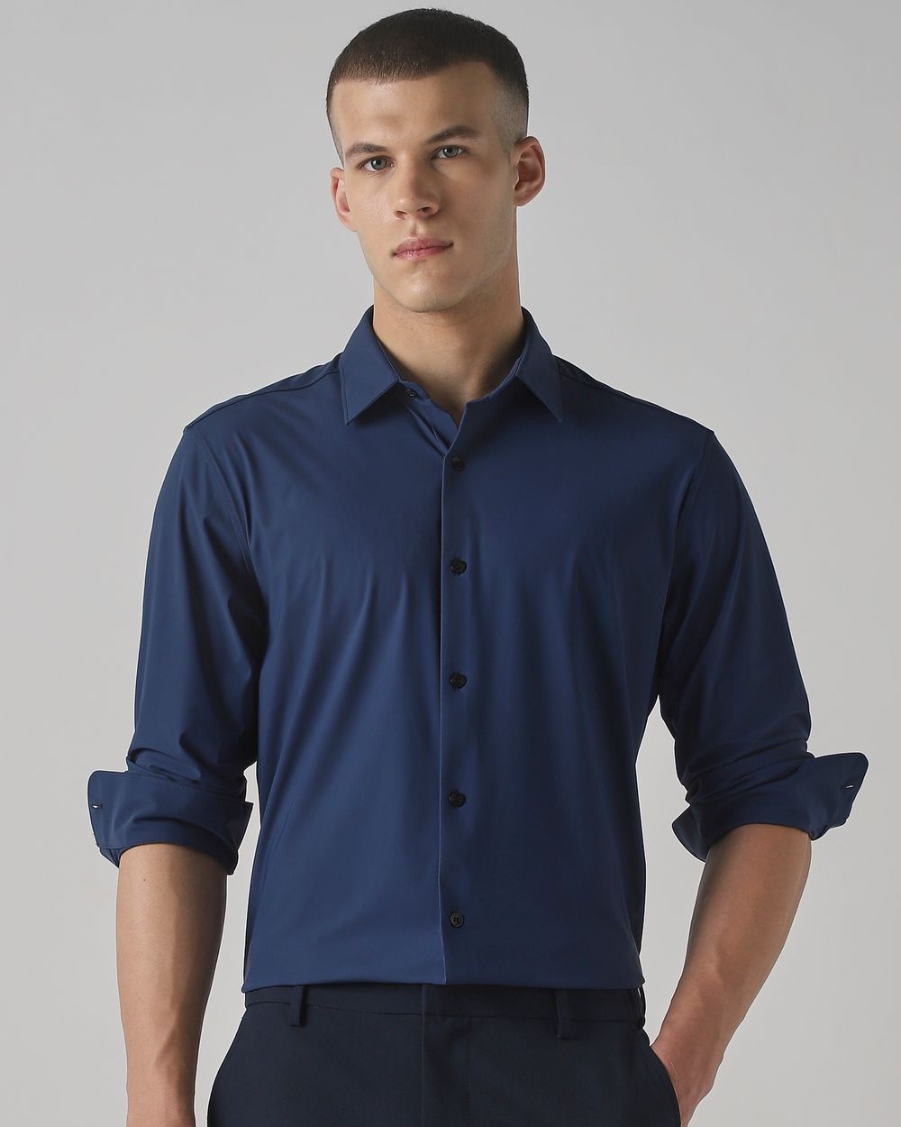 Navy Stretch Plain Slim Fit Casual Shirt