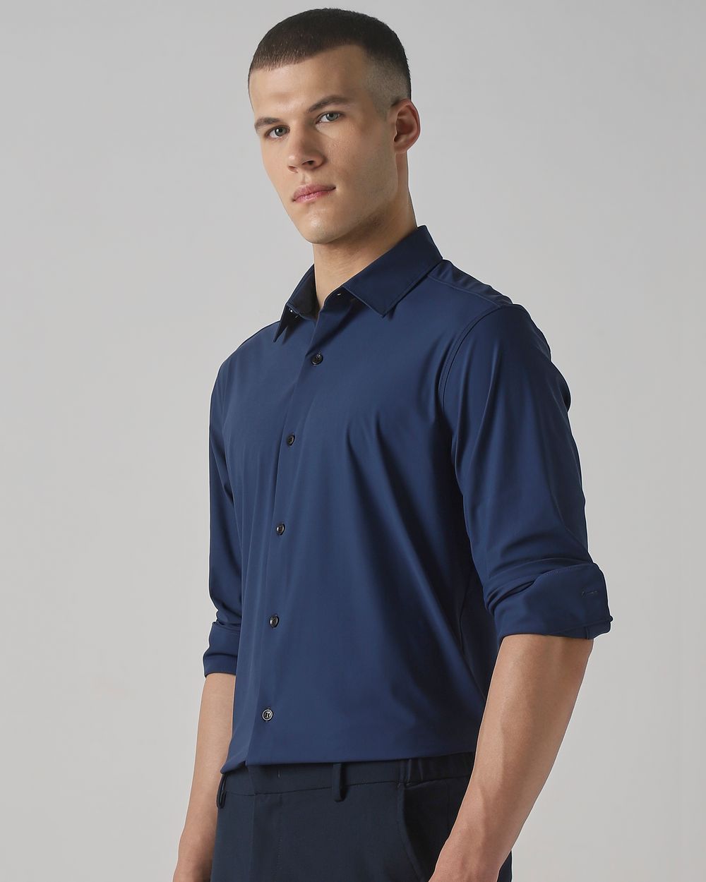 Navy Stretch Plain Slim Fit Casual Shirt