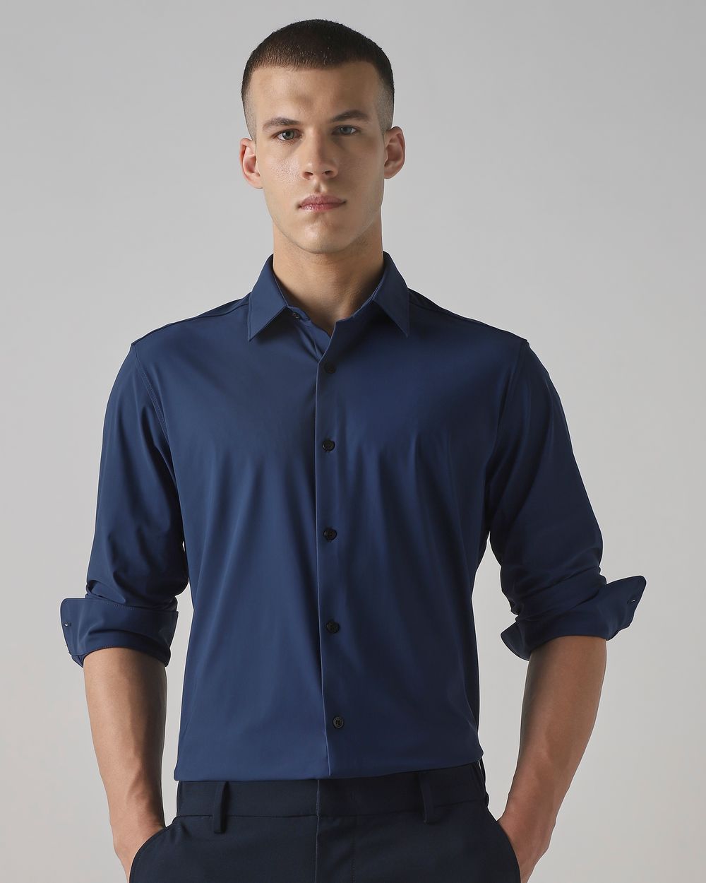 Navy Stretch Plain Slim Fit Casual Shirt