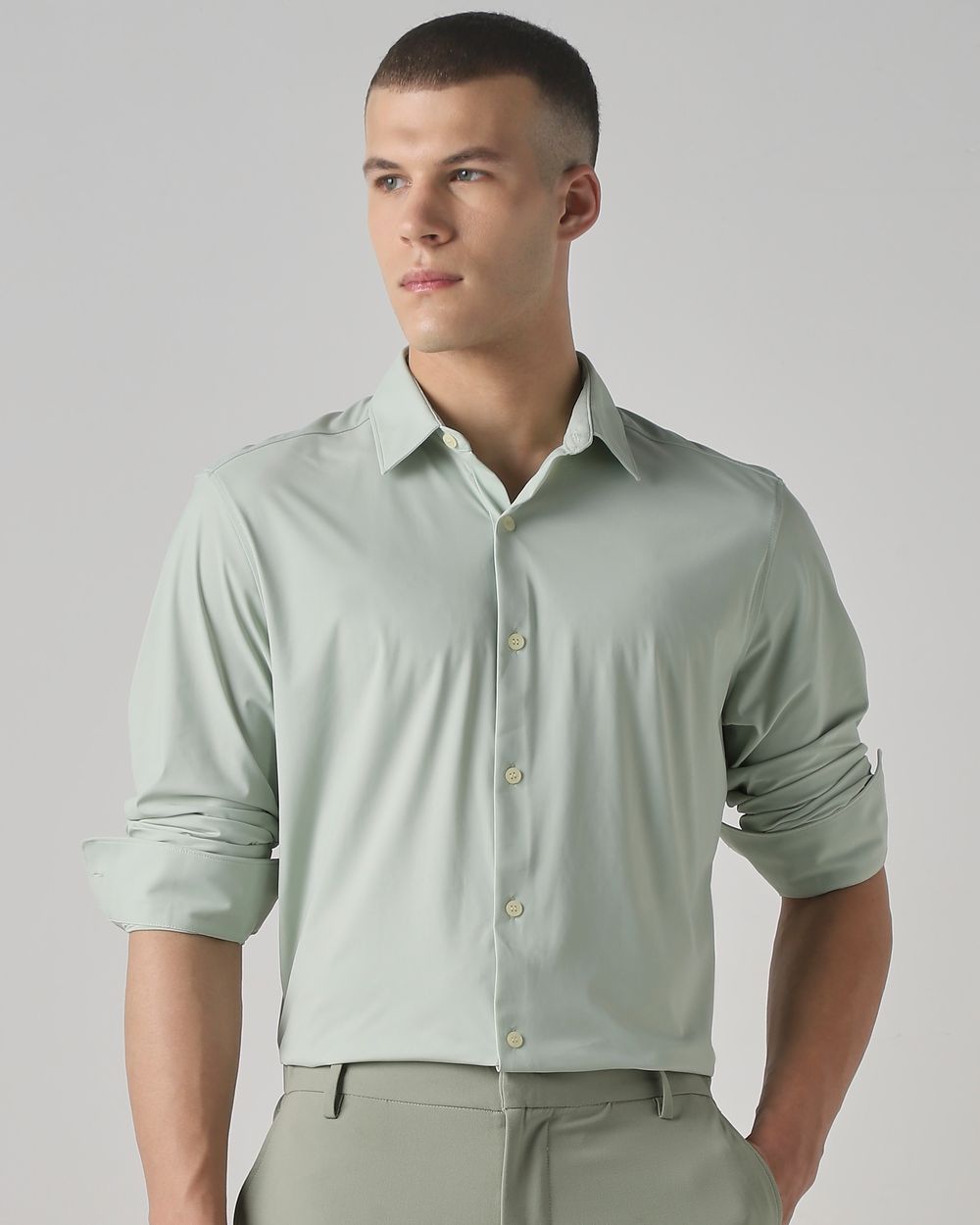 Light Green Stretch Plain Slim Fit Casual Shirt