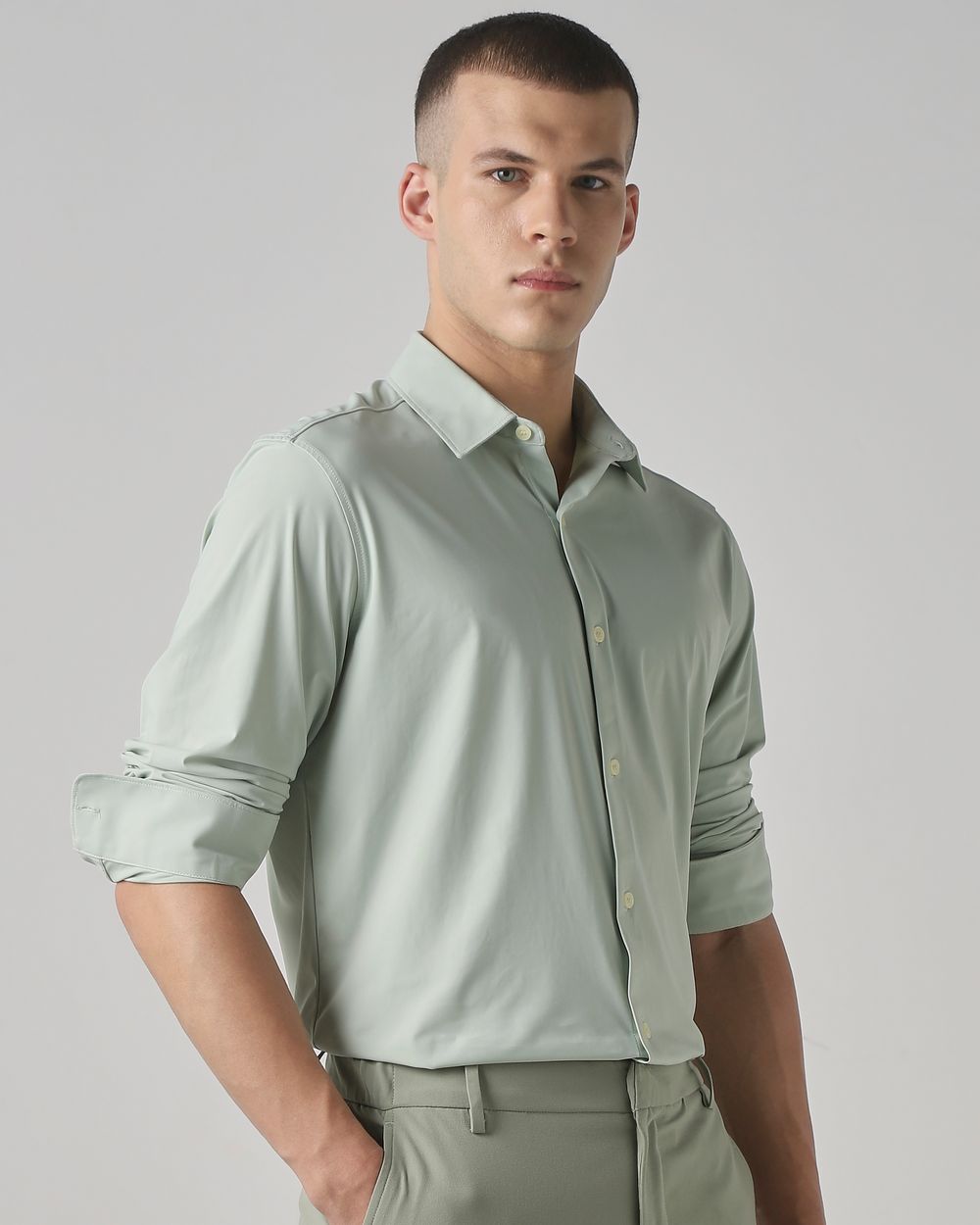Light Green Stretch Plain Slim Fit Casual Shirt