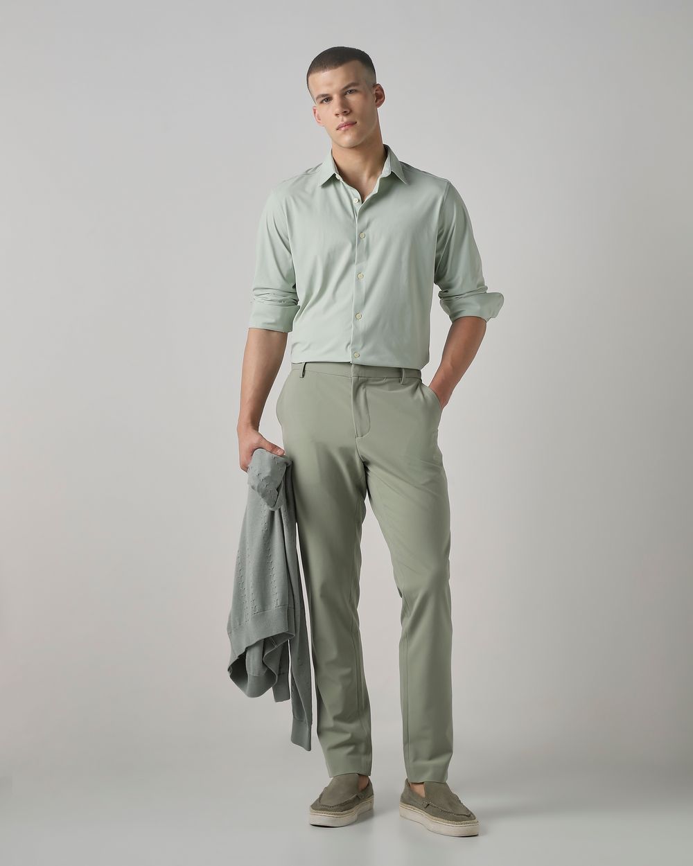 Light Green Stretch Plain Slim Fit Casual Shirt