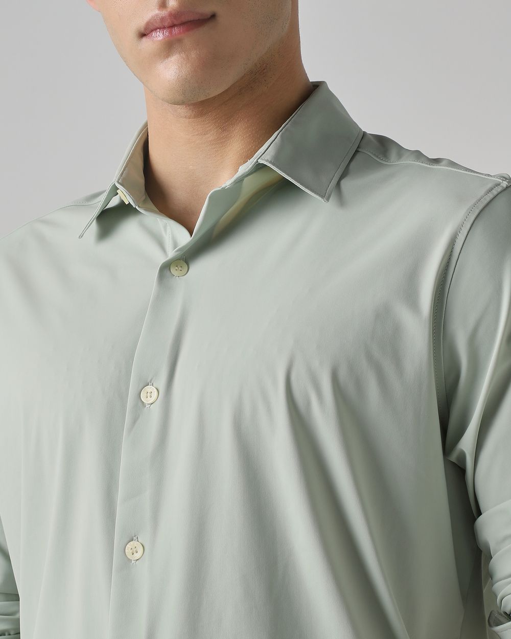 Light Green Stretch Plain Slim Fit Casual Shirt