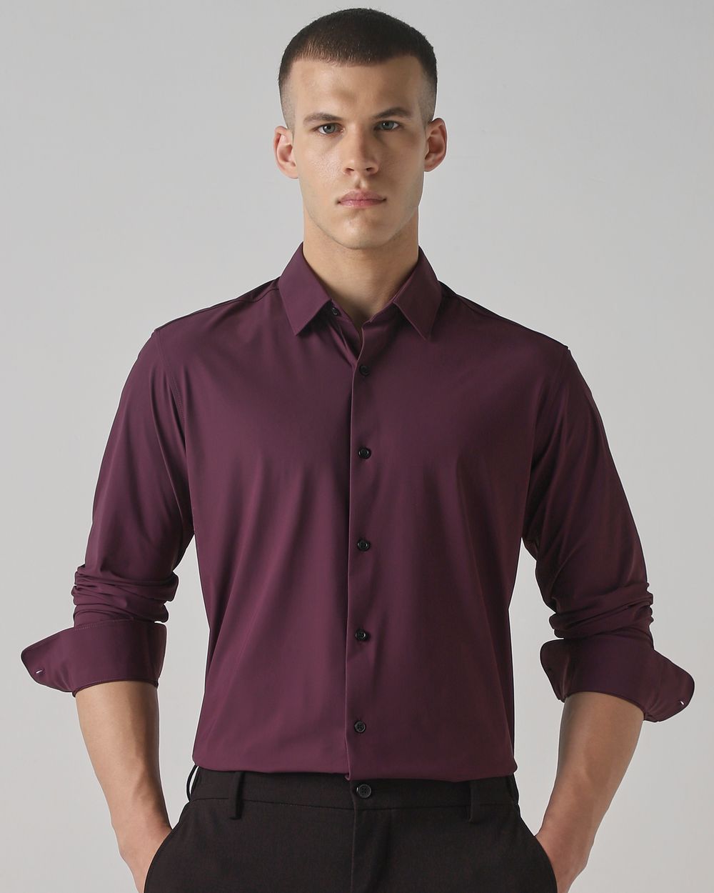 Maroon Stretch Plain Slim Fit Casual Shirt