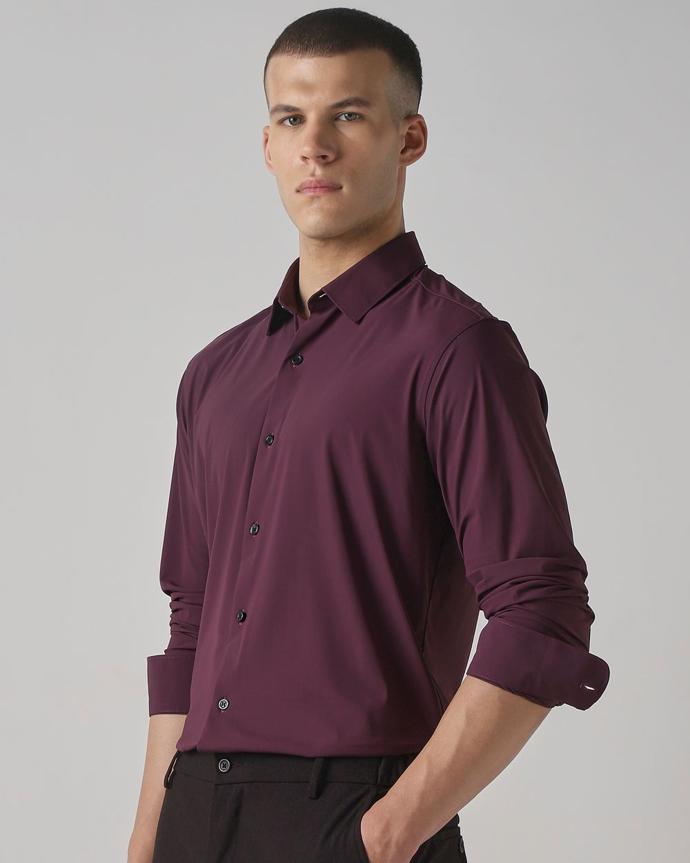 Maroon Stretch Plain Slim Fit Casual Shirt